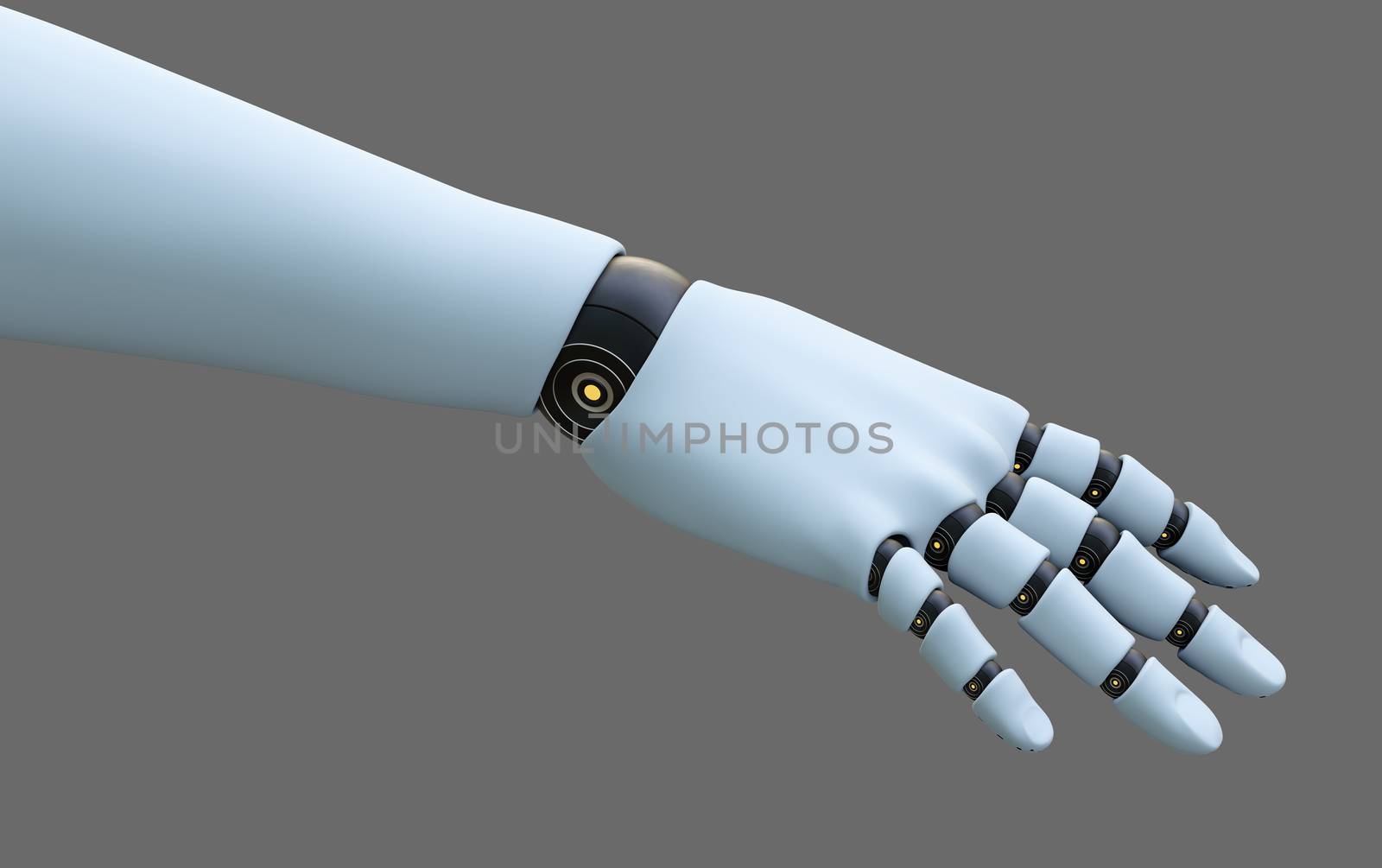 White Robot Hand, Isolated on Gray Background. 3D rendering