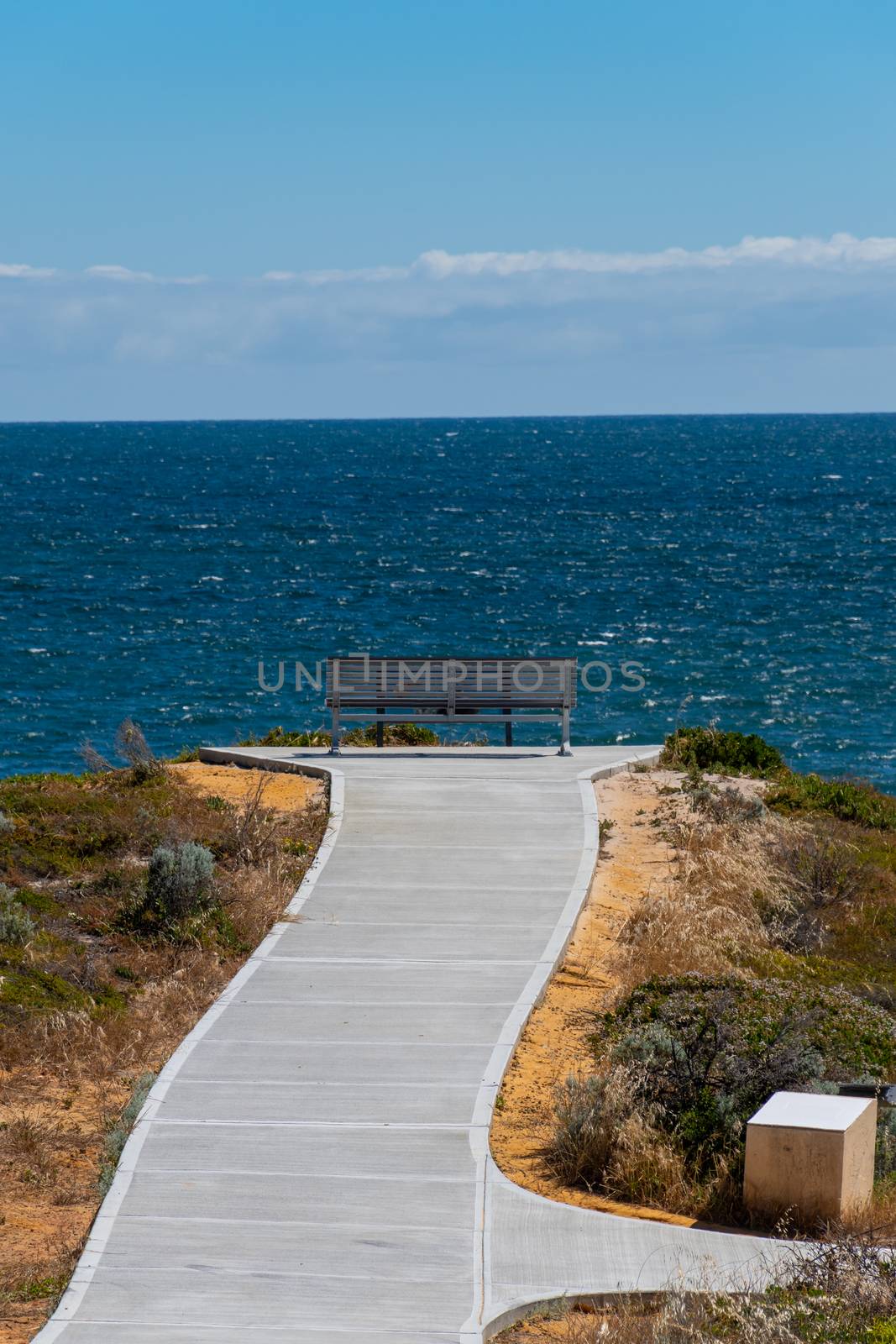 Bench looking outwards to the ocean at a scenic lookout at Dynamite Bay in Green Head, Western Australia