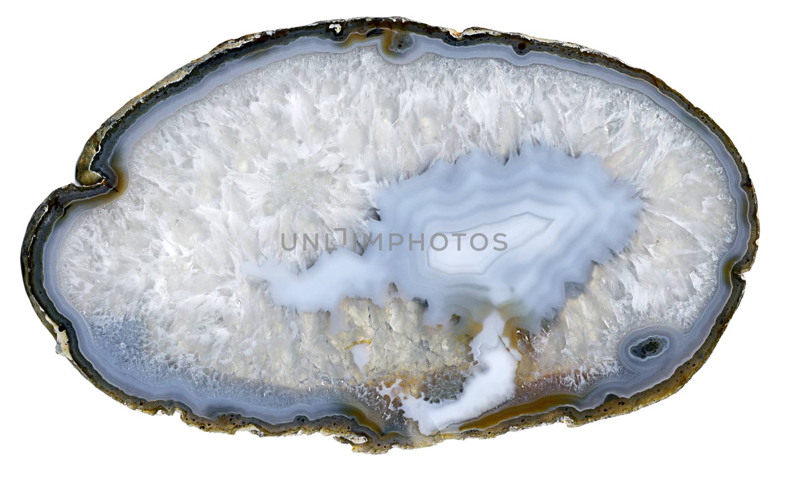 Thin slice of blue agate geodes with concentric layers