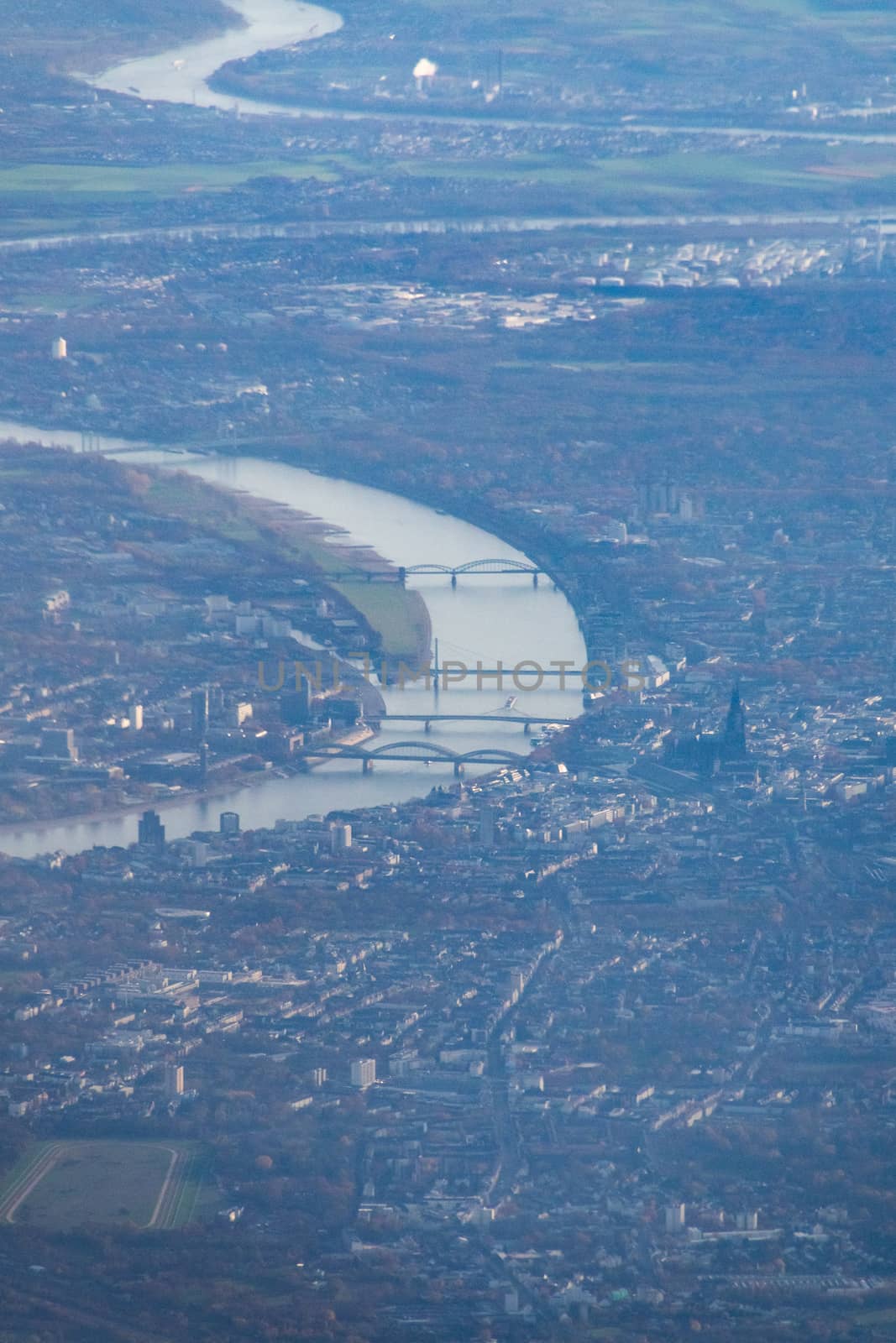 City of Cologne seen from airplane with the river Rhine and dome