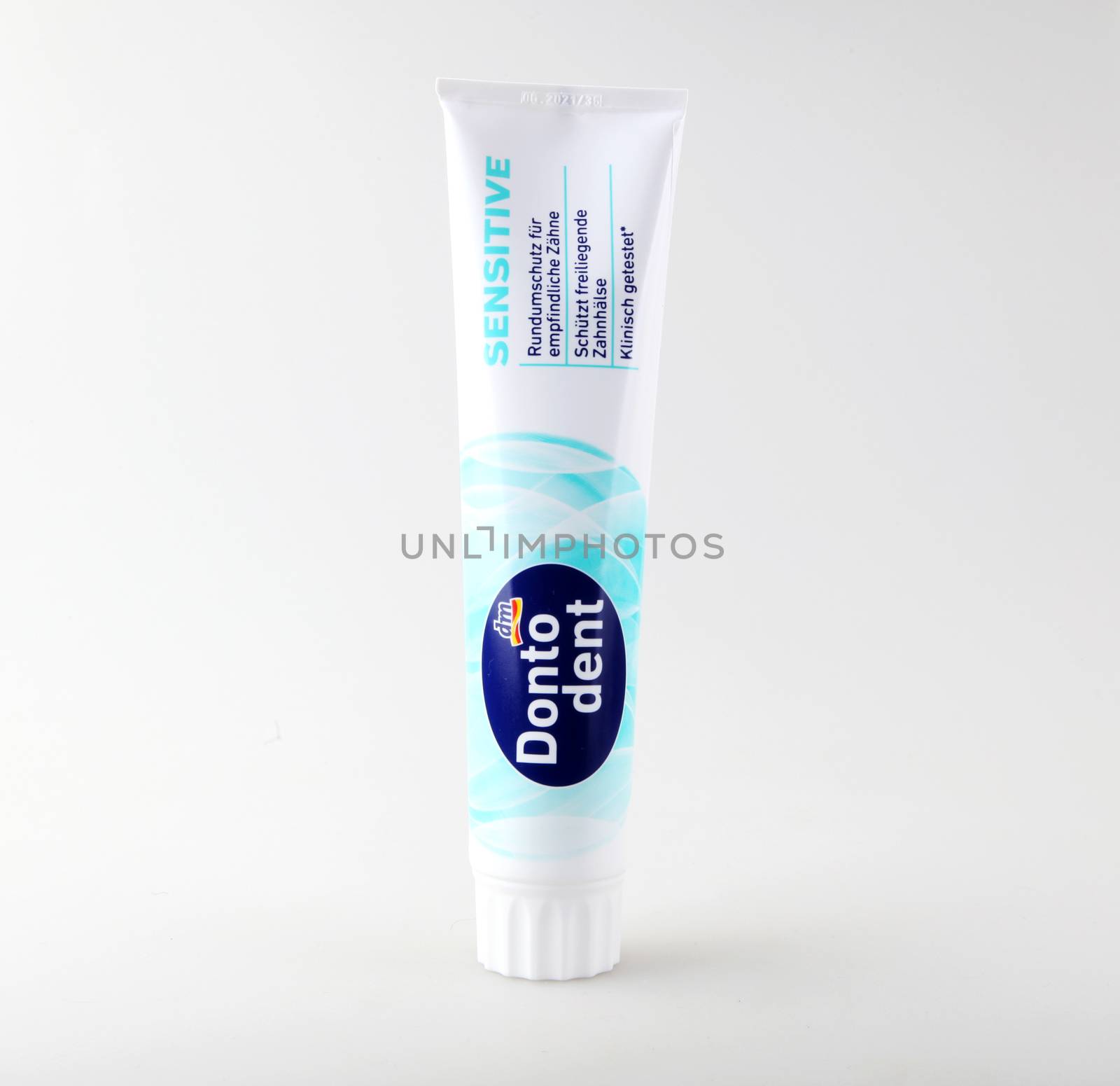 Pomorie, Bulgaria - March 01, 2019: - Dm Dontodent Sensitive Toothpaste. Dm-Drogerie Markt Is A Chain Of Retail Stores Headquartered In Karlsruhe, Germany. by nenovbrothers