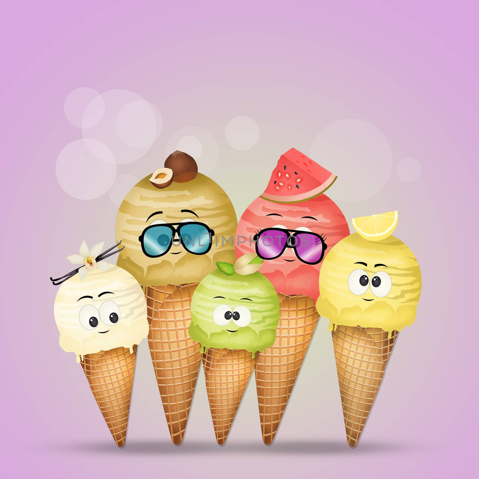 illustration of various flavors of ice cream in summer