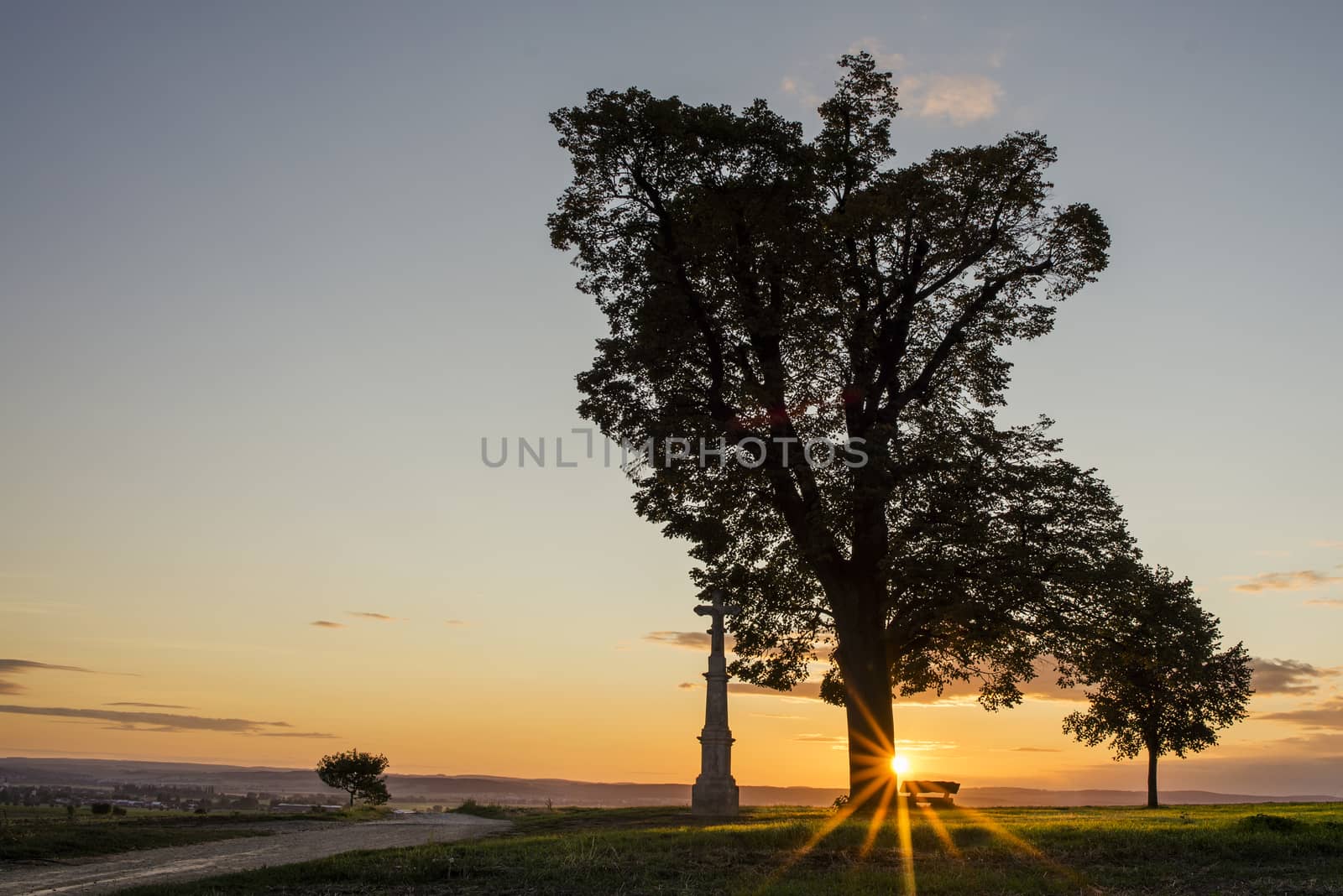 Tree silhouette in sunset with a wayside cross with field and road, Olomouc Czech Republic