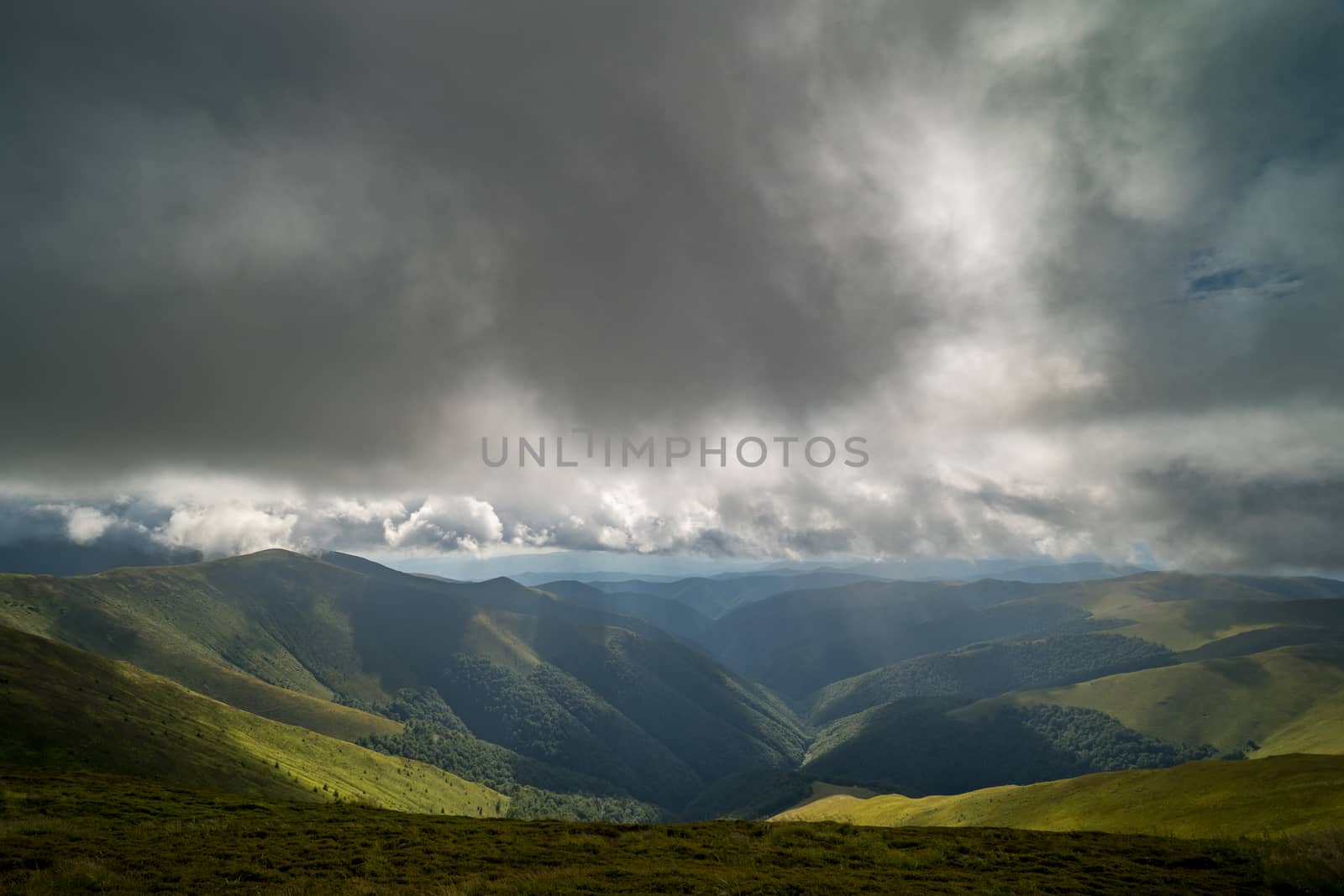 Rain clouds above Carpathians. Panorama of Borzhava ridge of the Ukrainian Carpathian Mountains by sergiy_romanyuk