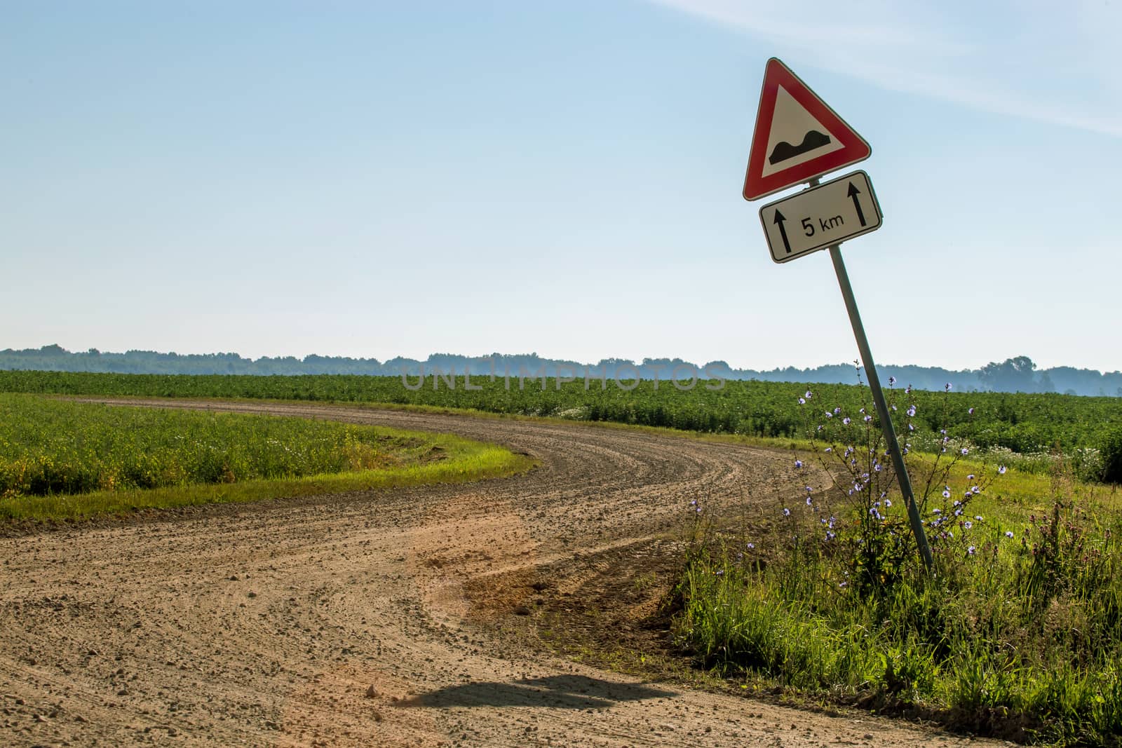 Road sign next to the rural road. by fotorobs