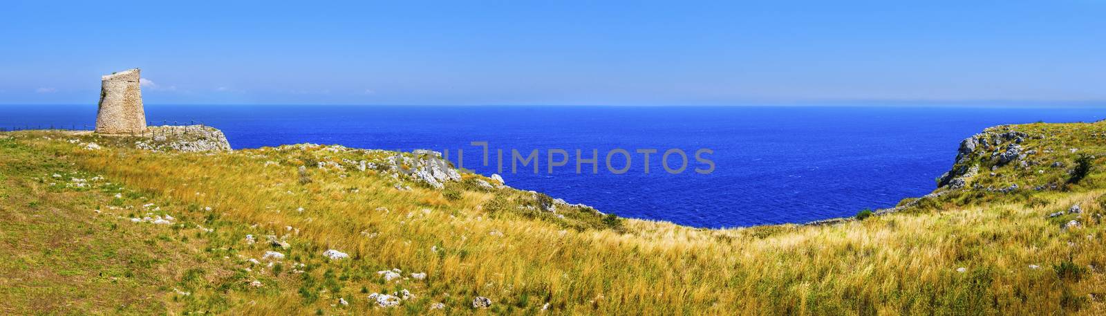 Salento countryside panoramic view watchtower coastal seascape grass - Apulia - Italy