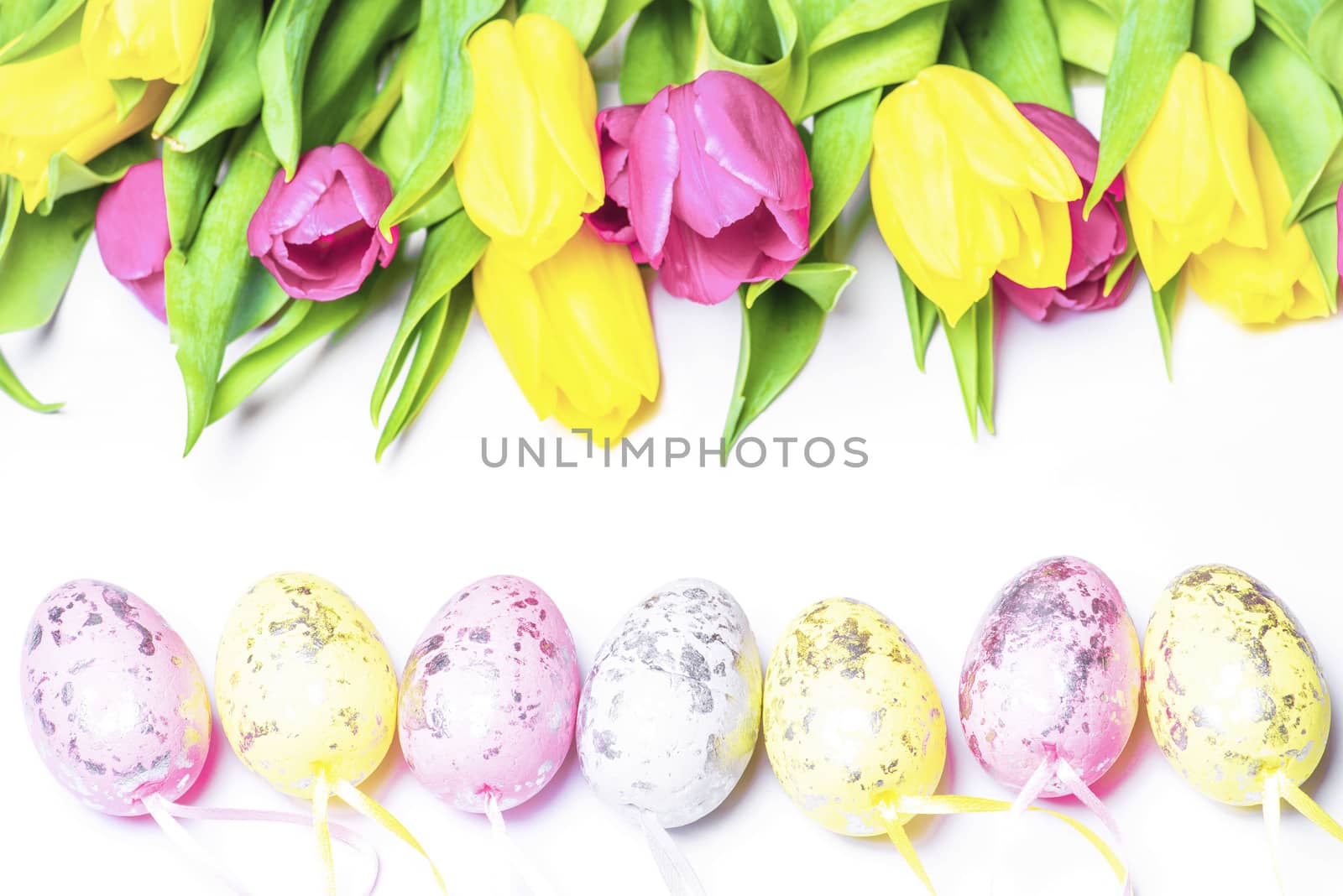 Happy Easter.Fresh tulips on a white background with colored Easter eggs.