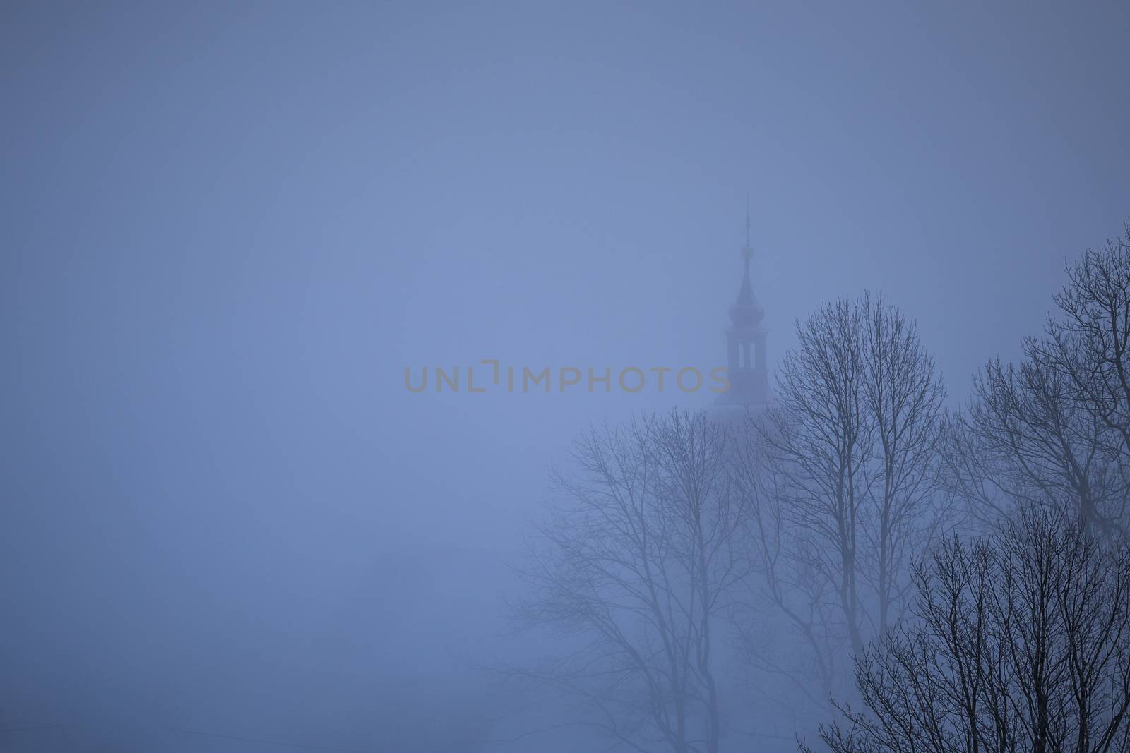 Foggy landscape, small village with church and tree silhouette on a fog at sunrise, Czech Republic