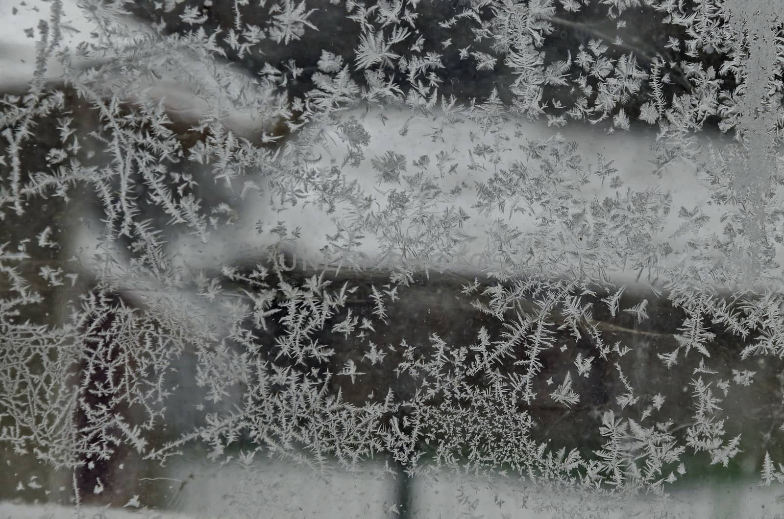 Background from icy figure on window in frosty winter by vili45