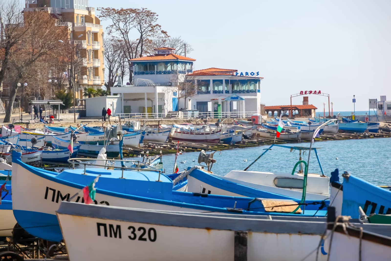 Pomorie, Bulgaria - March 02, 2019: Spring Walk Through The Central Part Of The City.