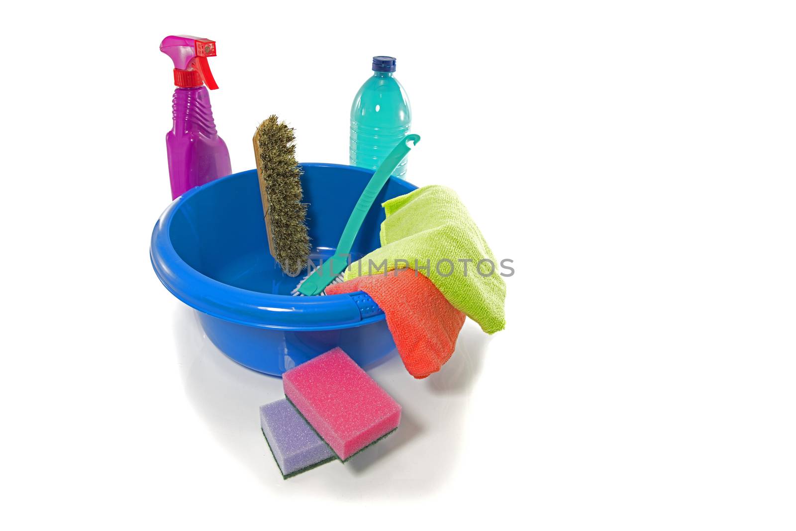 blue washing up dish with cleaning tools and detergents as degreaser and a brush with wipes insulated on white background