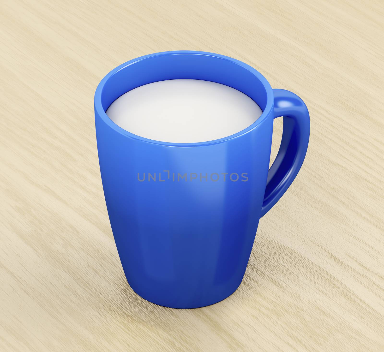 Blue ceramic mug full with milk on wooden table