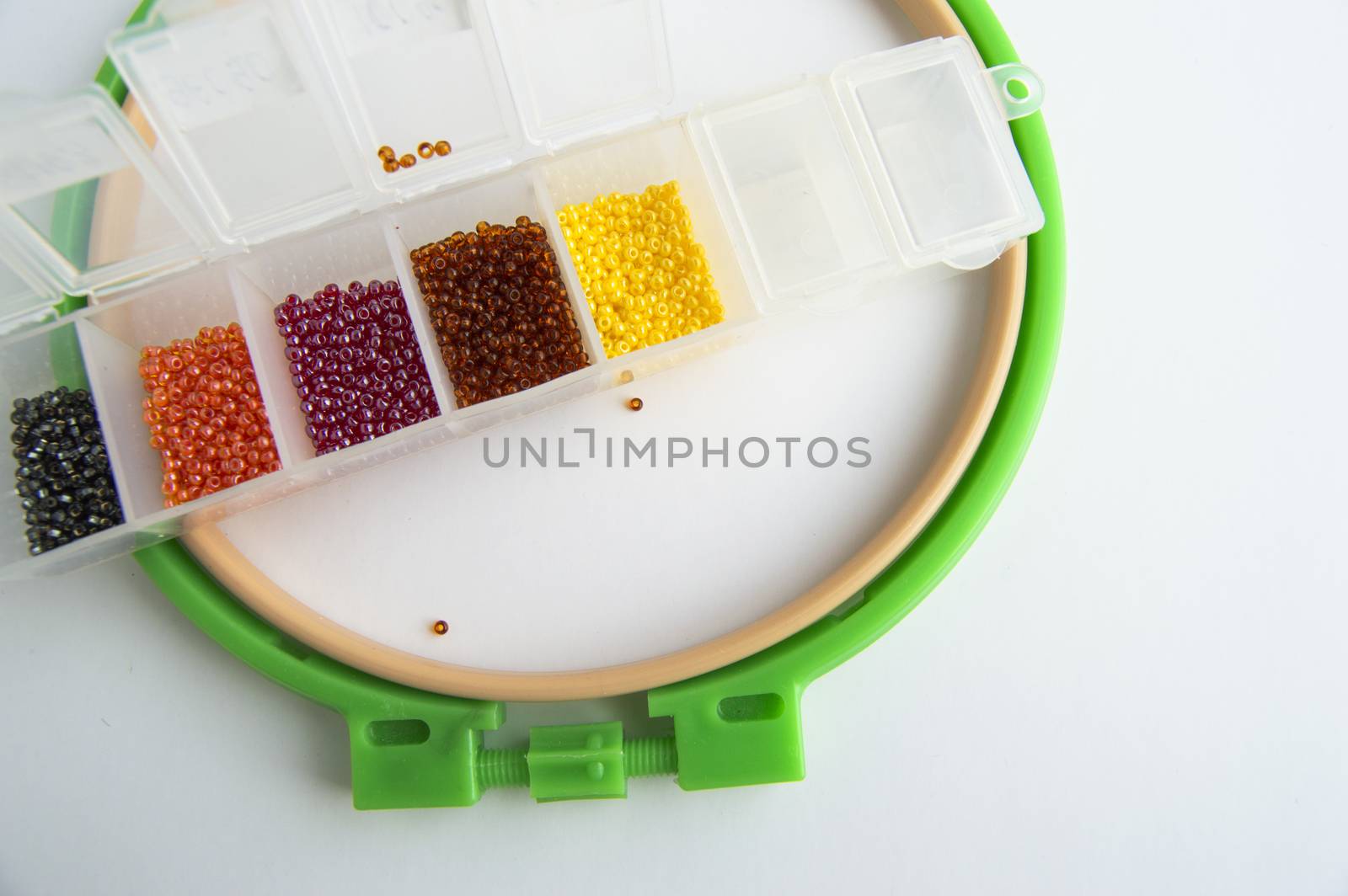 Flat lay Accessories for needlework and embroidery, hoops and beads on white background.