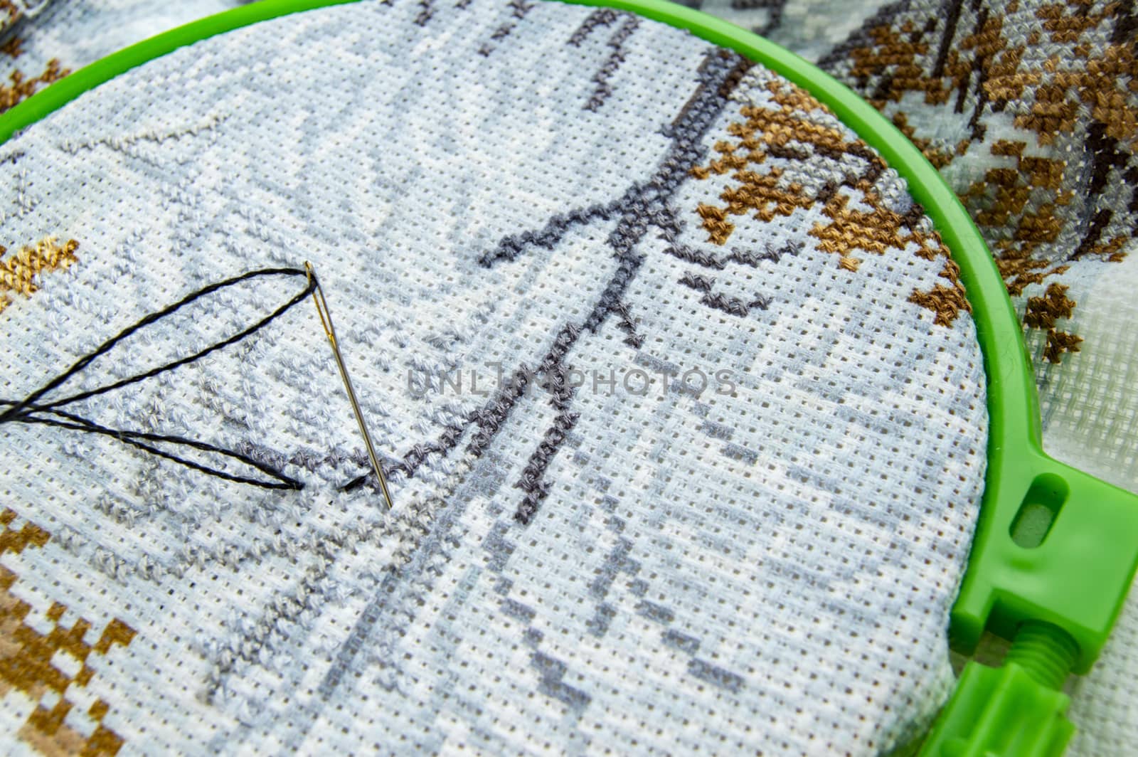 Flat lay embroidery Hoop with canvas and bright sewing thread and embroidery needle.