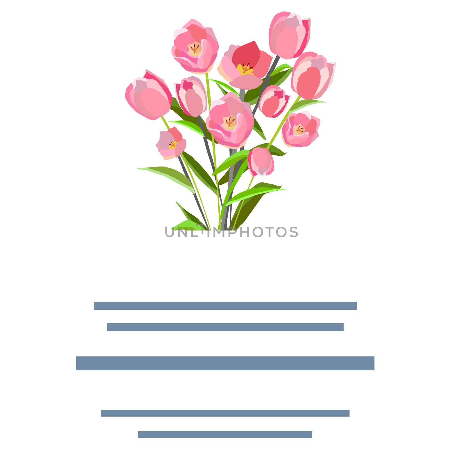 Pink tulip bouquet with text. Flat style clip with copyspace. Greeting card, poster design element. Vector Illustration.