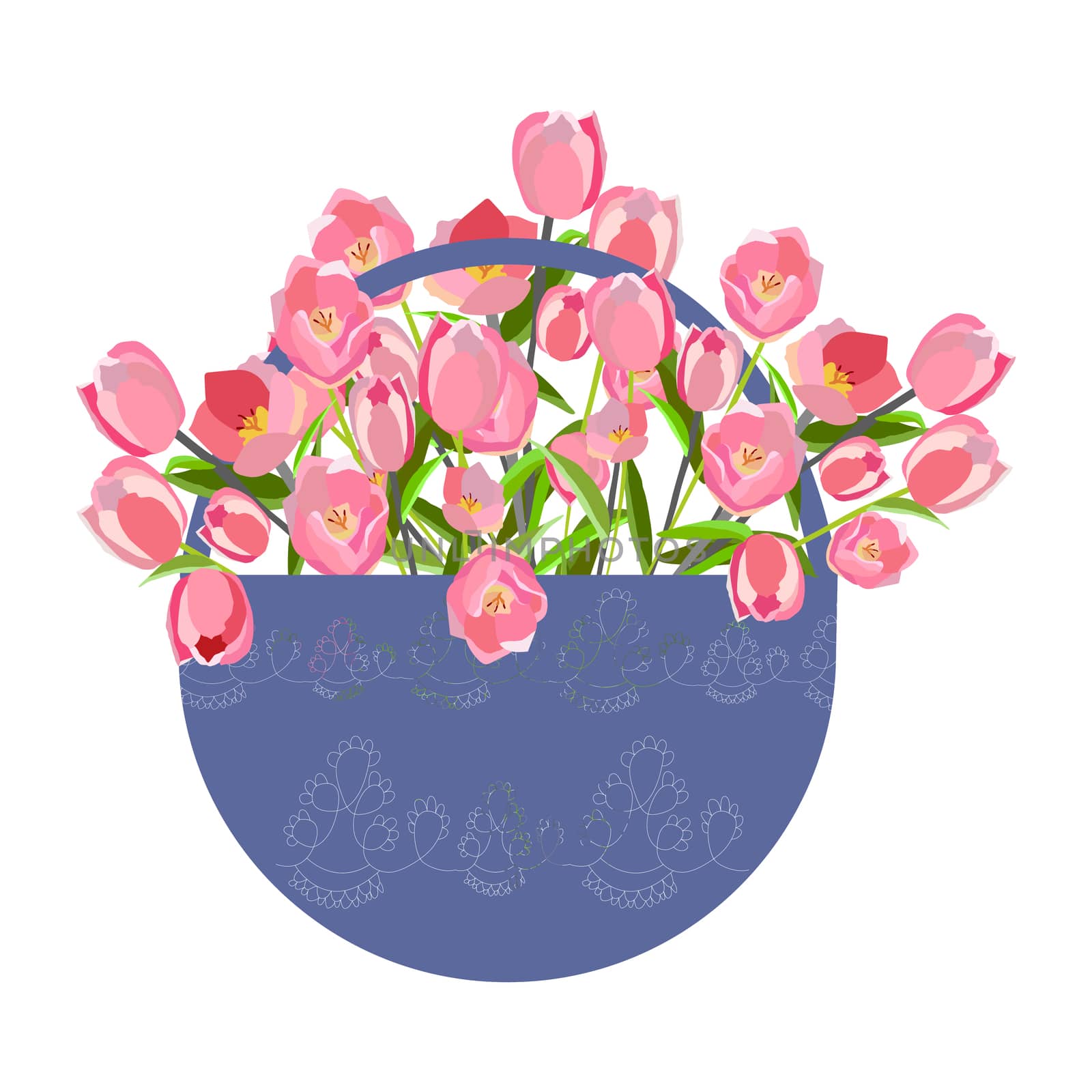 Beautiful blue basket with pink tulips on white background. Isolated poster design element. Vector illustration.