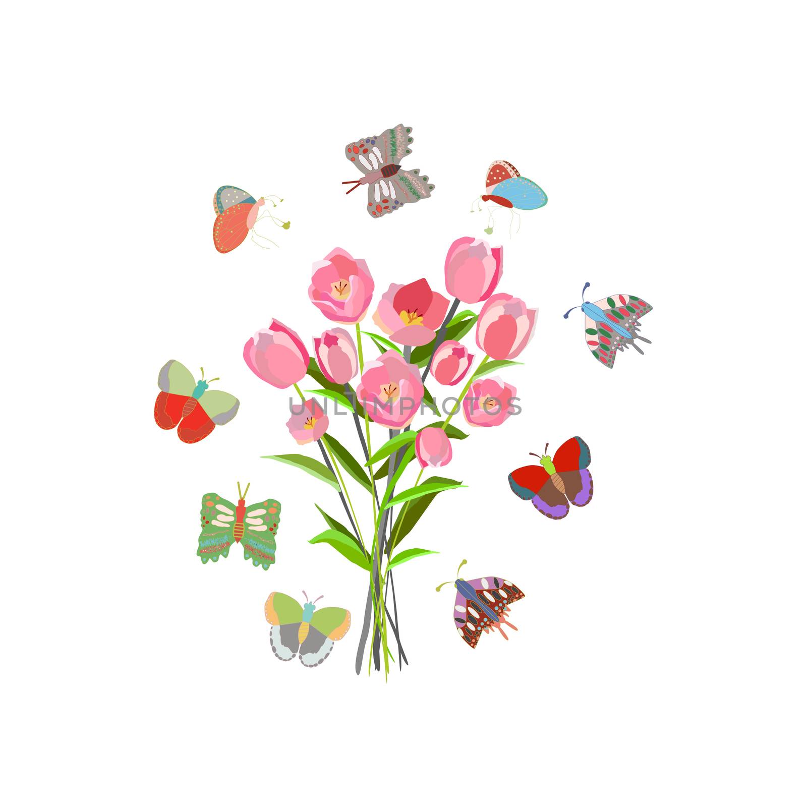 Bouquet of pink tulips with border of butterflies. Hand illustration isolated on white background. T-shirt, card, poster design element. Vector Illustration.