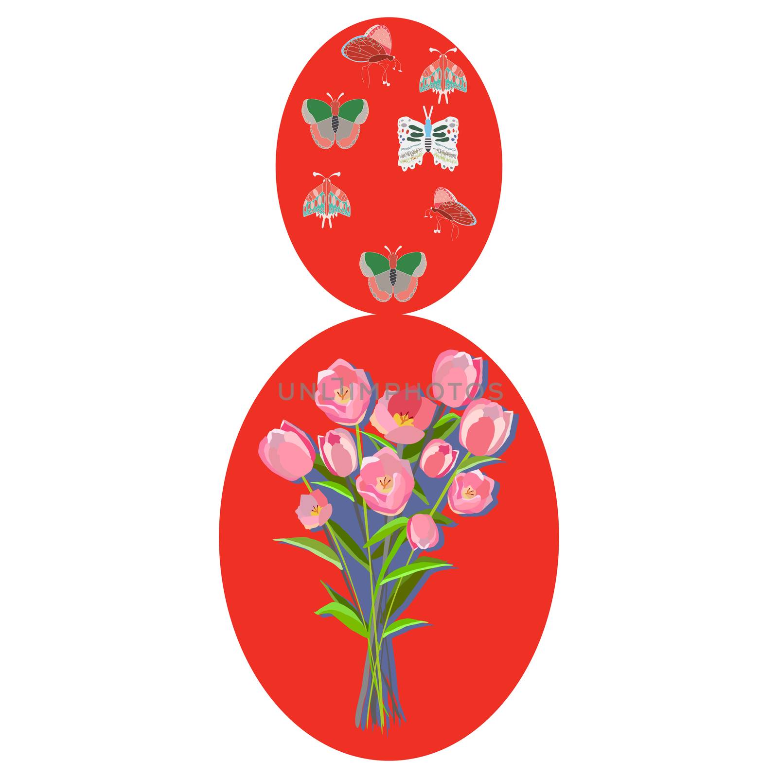 Number eight with floral composition. For international women day eight of march floral composition. Pink tulips and colorful butterflies on white background. Greeting card, poster design element. Vector Illustration.