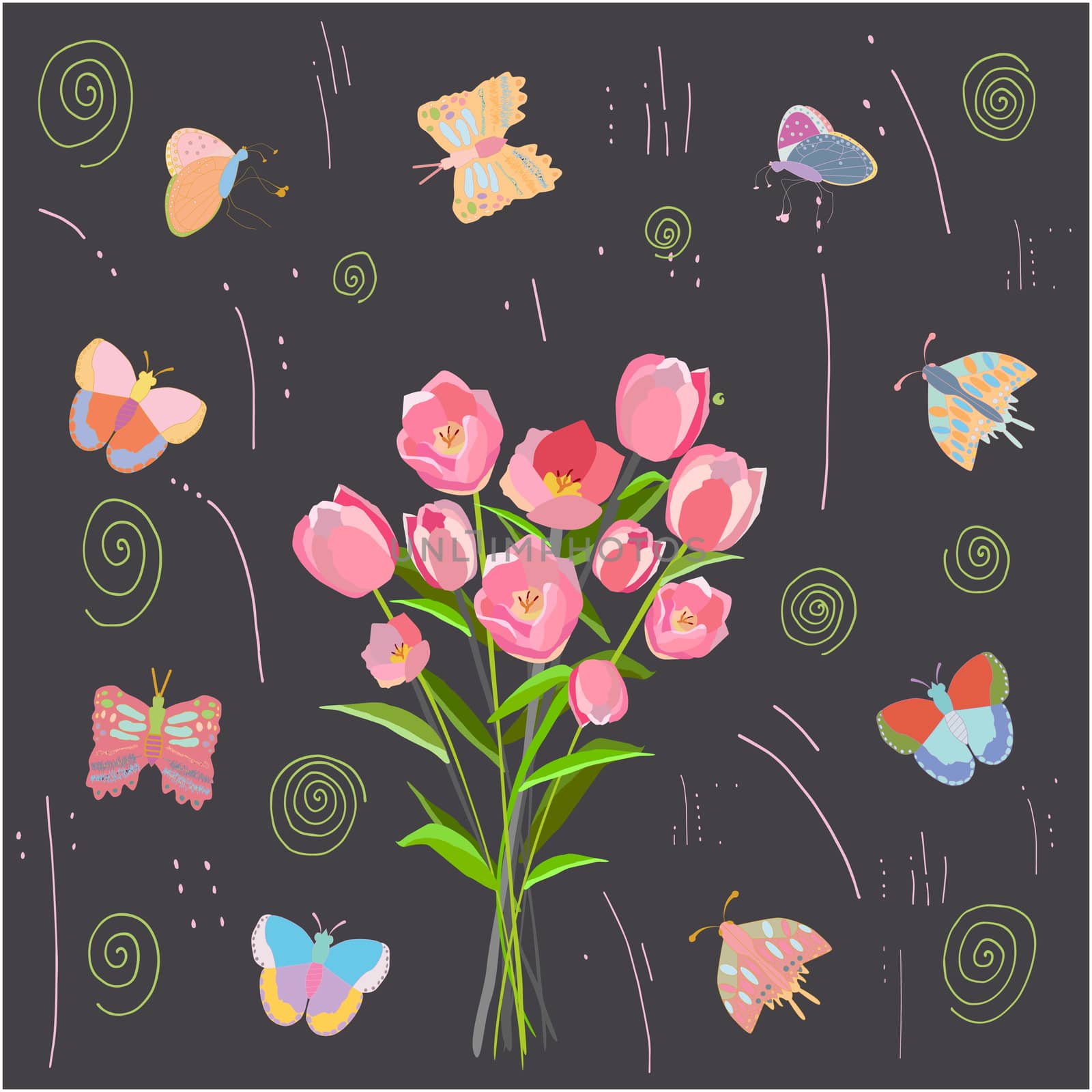 Beautiful tulips with colorful butterflies. Flat illustration on black background with doodle elements. Greeting card, poster design element. Vector Illustration.