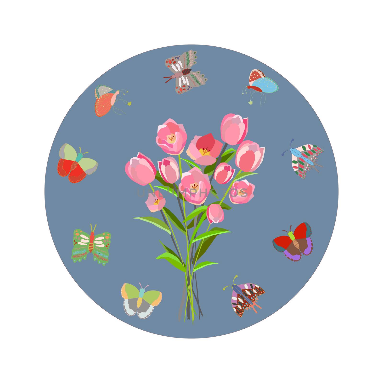 Grey circle with tulips and butterflies on white background. Space for text. Flat style clip with copyspace. Greeting card, poster design element. Vector Illustration.