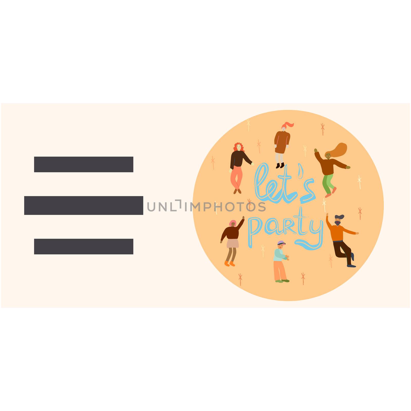 Circle with dancing people and let s party hand lettering. Space for your text. For postcards, posters, banners. Vector illustration made by hand.