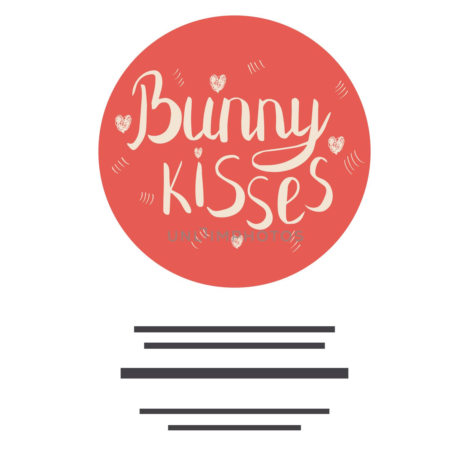 Bunny kisses calligraphy. Coral circle with hand lettering. Space for your text. Ink sketch lettering. Flat style inscription. Poster vector design. Vector illustration.