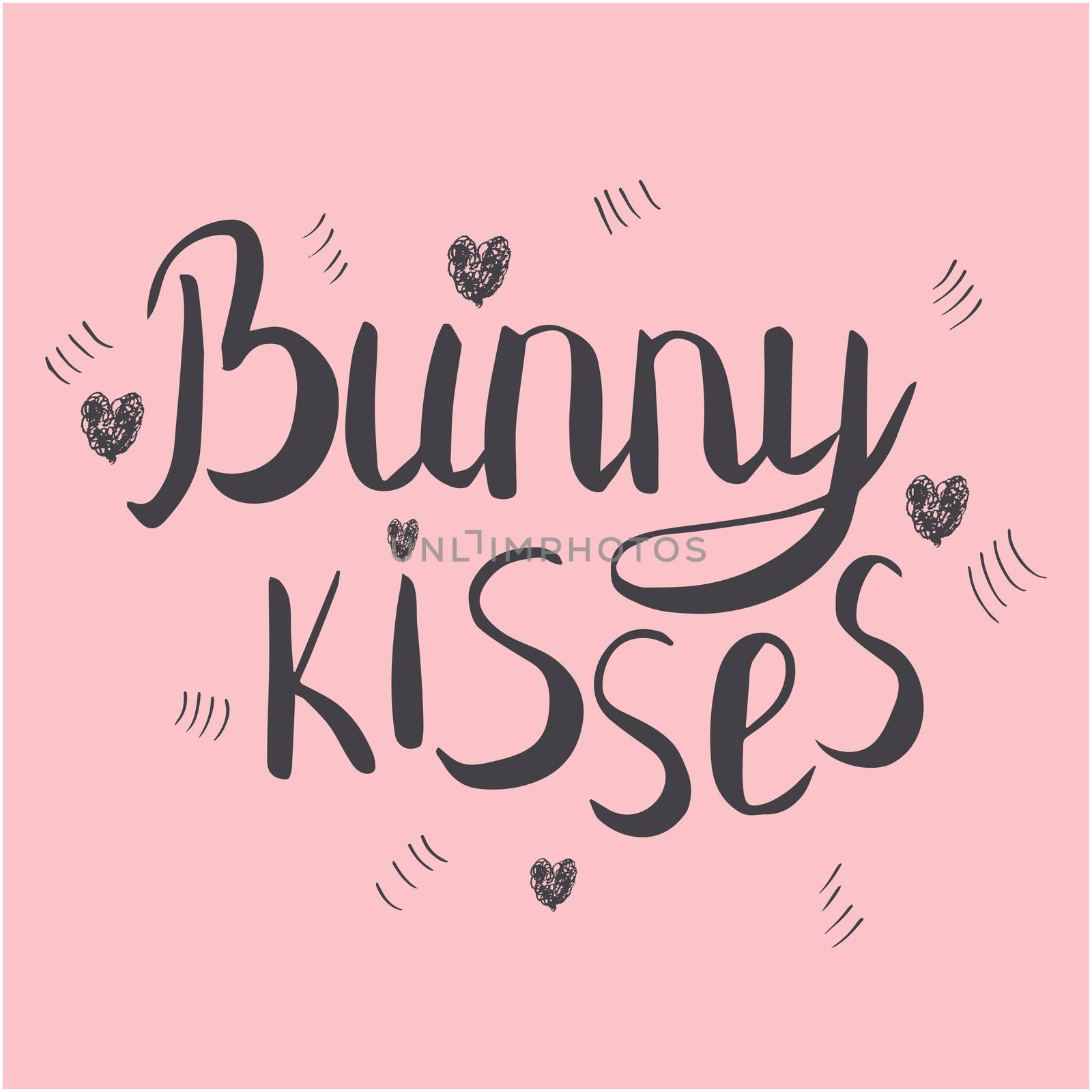 Bunny kisses handwritten calligraphy. Black ink sketch lettering on pink background. T-shirt, poster vector design.