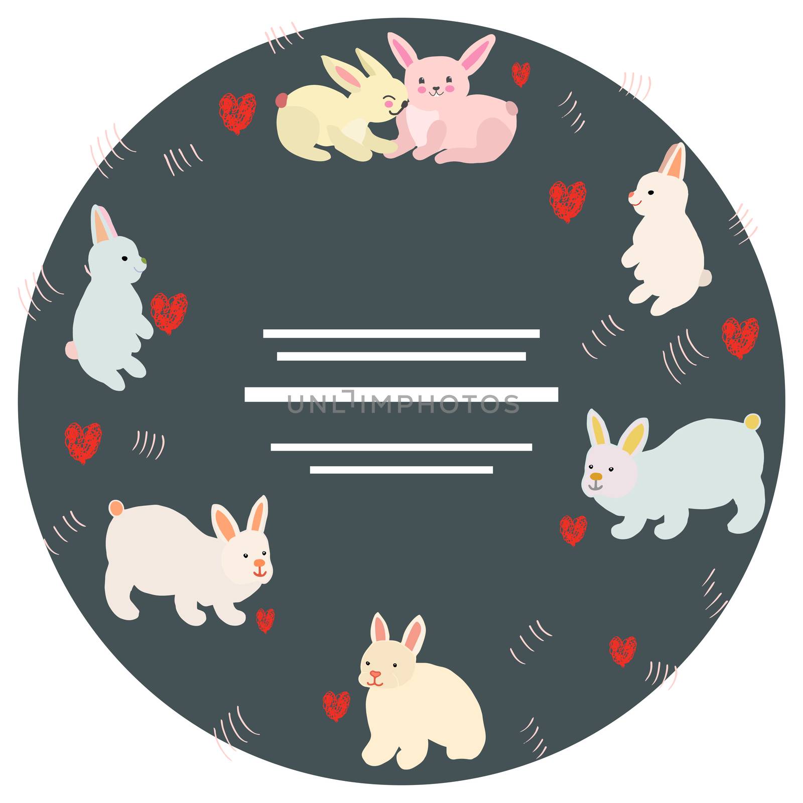 Round shape with cute easter bunnies, red hearts and space for your text. Black circle on white background. Poster vector design.