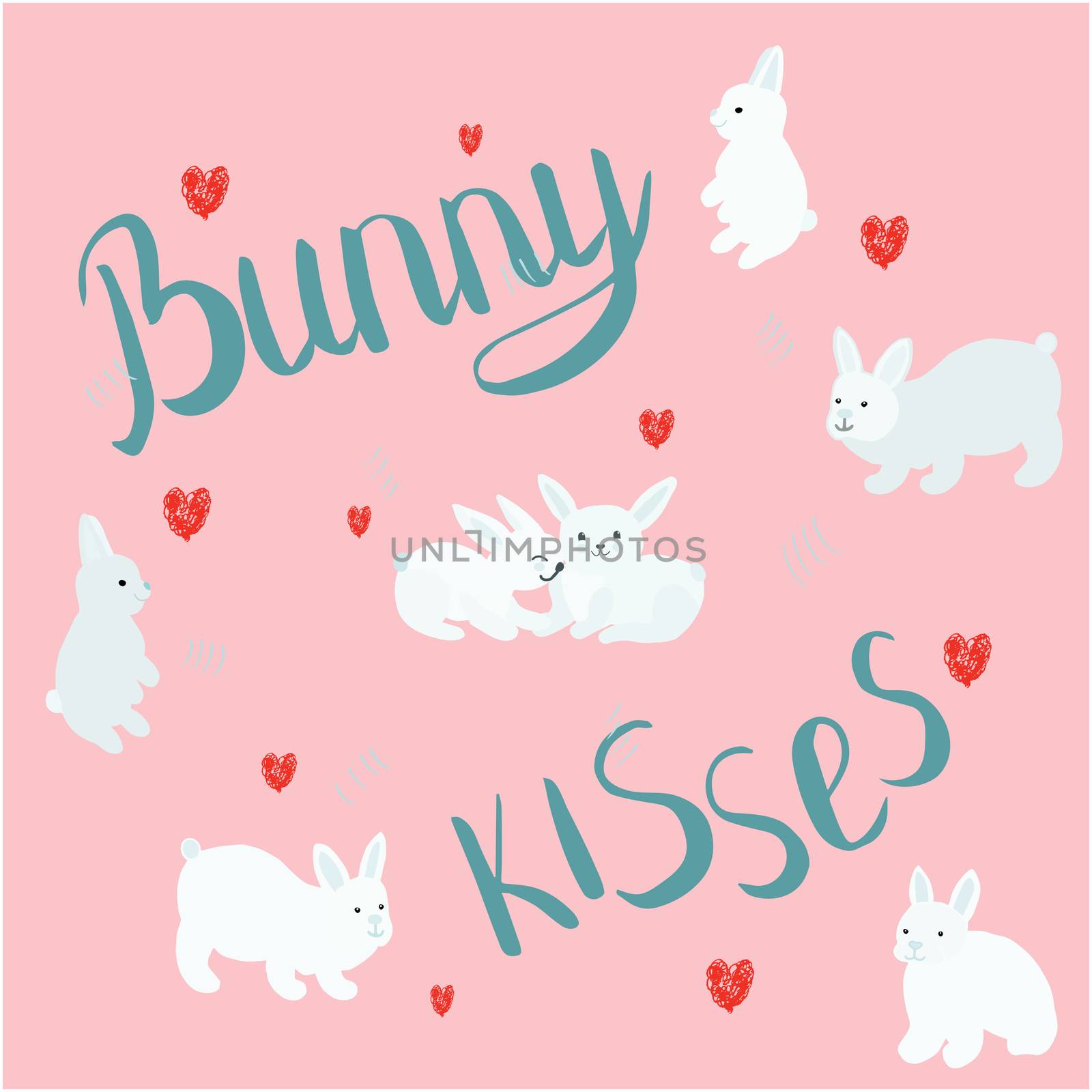 Bunny kisses handwritten lettering with red hearts and easter bunnies. T-shirt, poster vector design. Vector illustration.