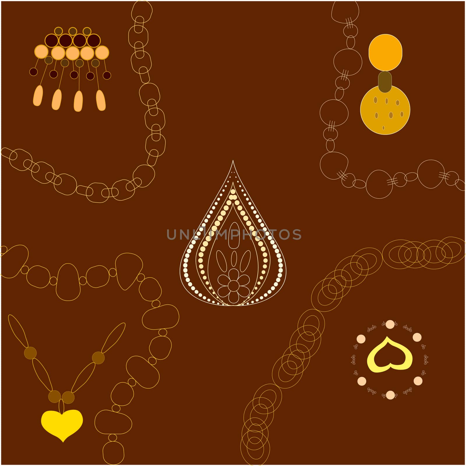 Gold jewellery illustration hand drawn. Yellow chain, pendants on brown background. Poster, banner vector design, greeting cards, jewellery store advertisements. Vector illustration.