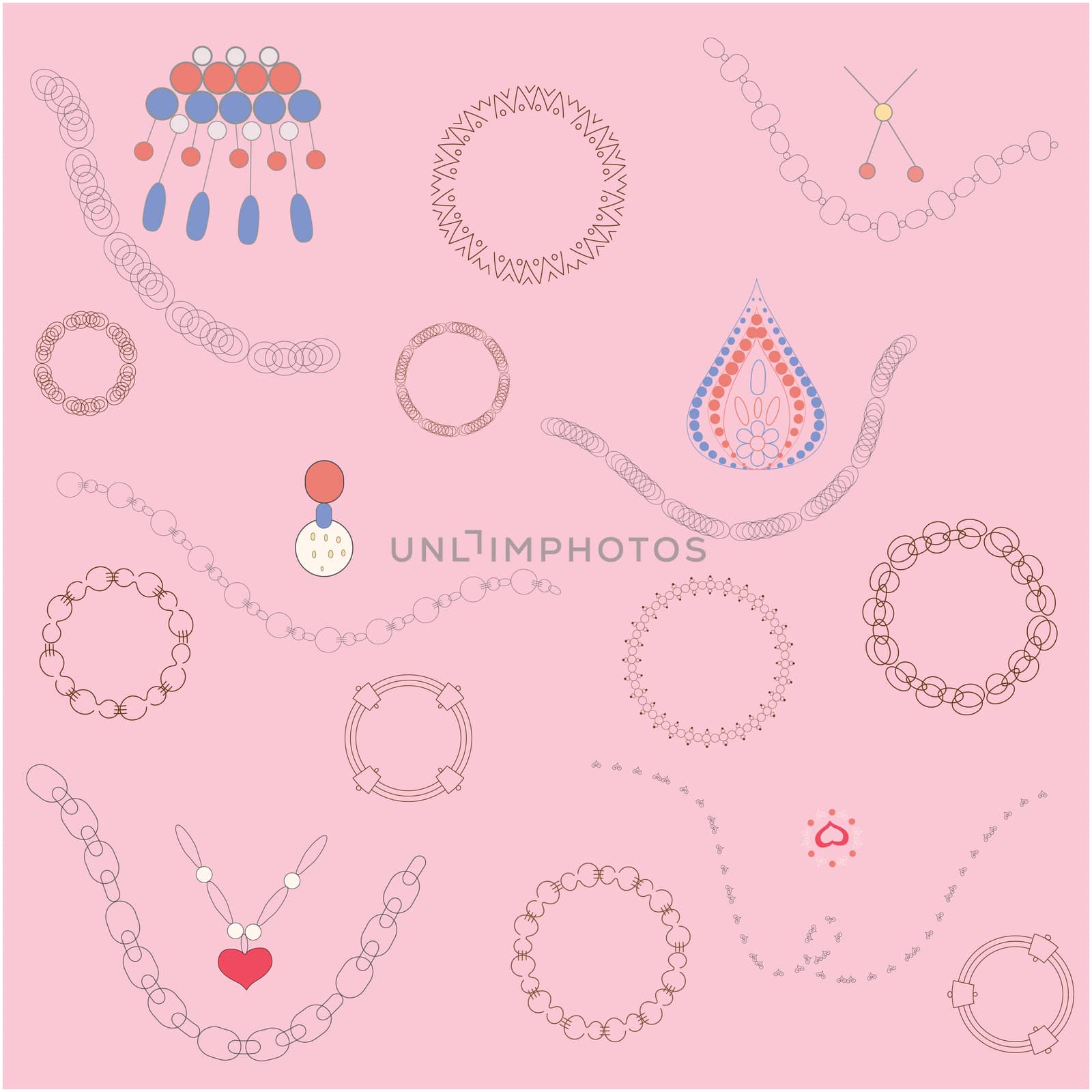 Colourful jewellery on pink background. Hand drawn illustration. T-shirt, poster, banner vector design, greeting cards, jewellery store advertisements. Vector illustration.