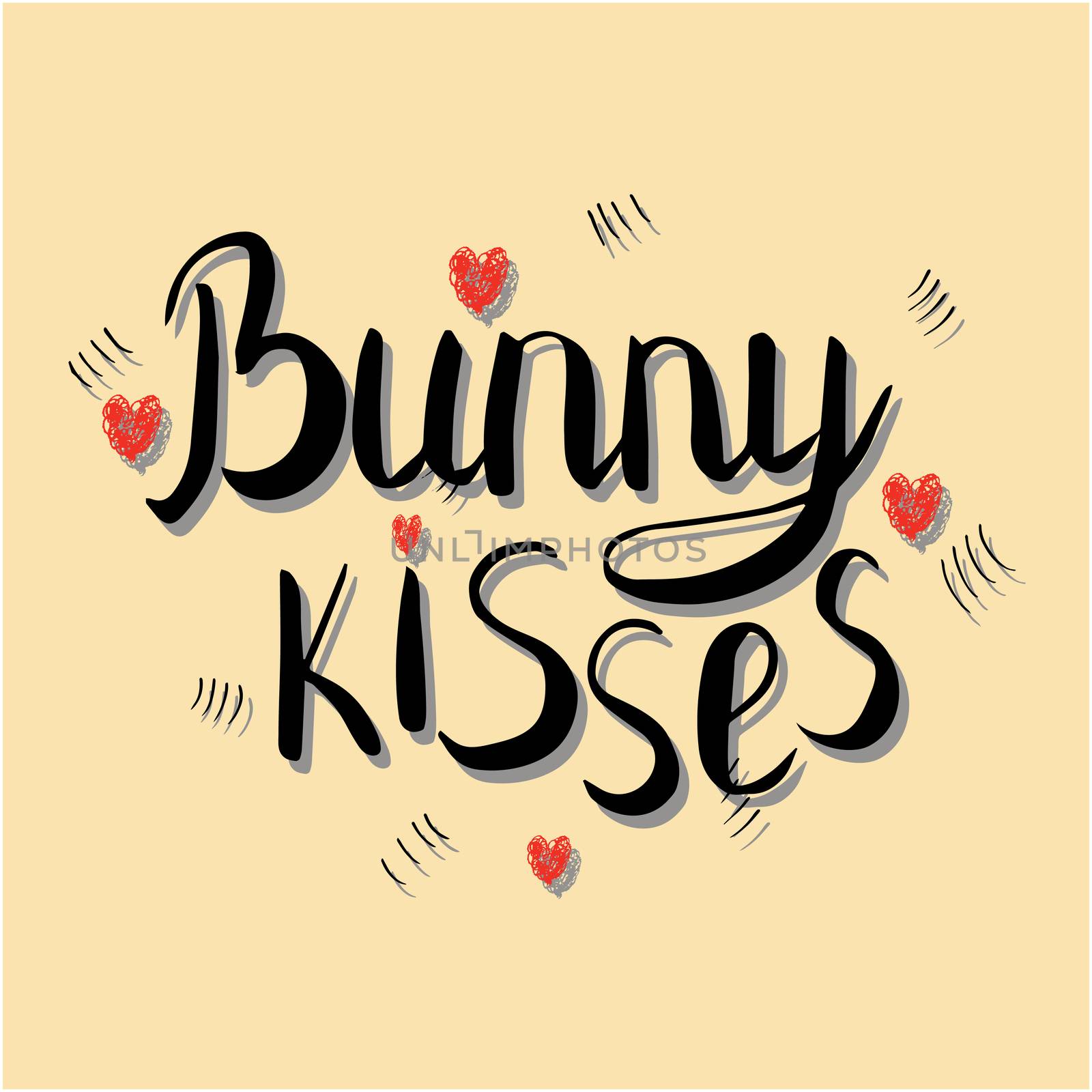 Bunny kisses handwritten lettering. 3D style note with red hearts on pastel yellow background. T-shirt, poster design.