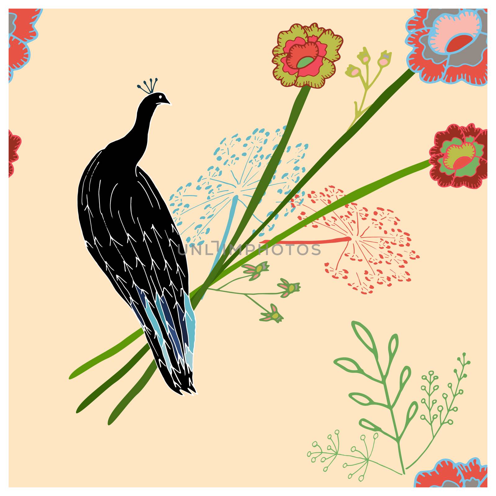 Black peacock cute hand drawn seamless vector pattern. Peacock surrounded by asian style flower beautiful sketch textile, wrapping paper, background, wallpaper, pattern fills, web page background.