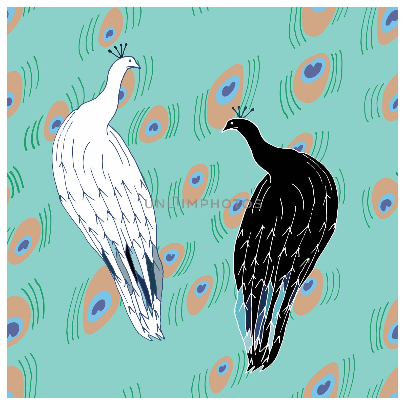 White and black peacocks cute hand drawn seamless vector pattern. Sketch textile, wrapping paper, background, wallpaper, pattern fills, web page background.