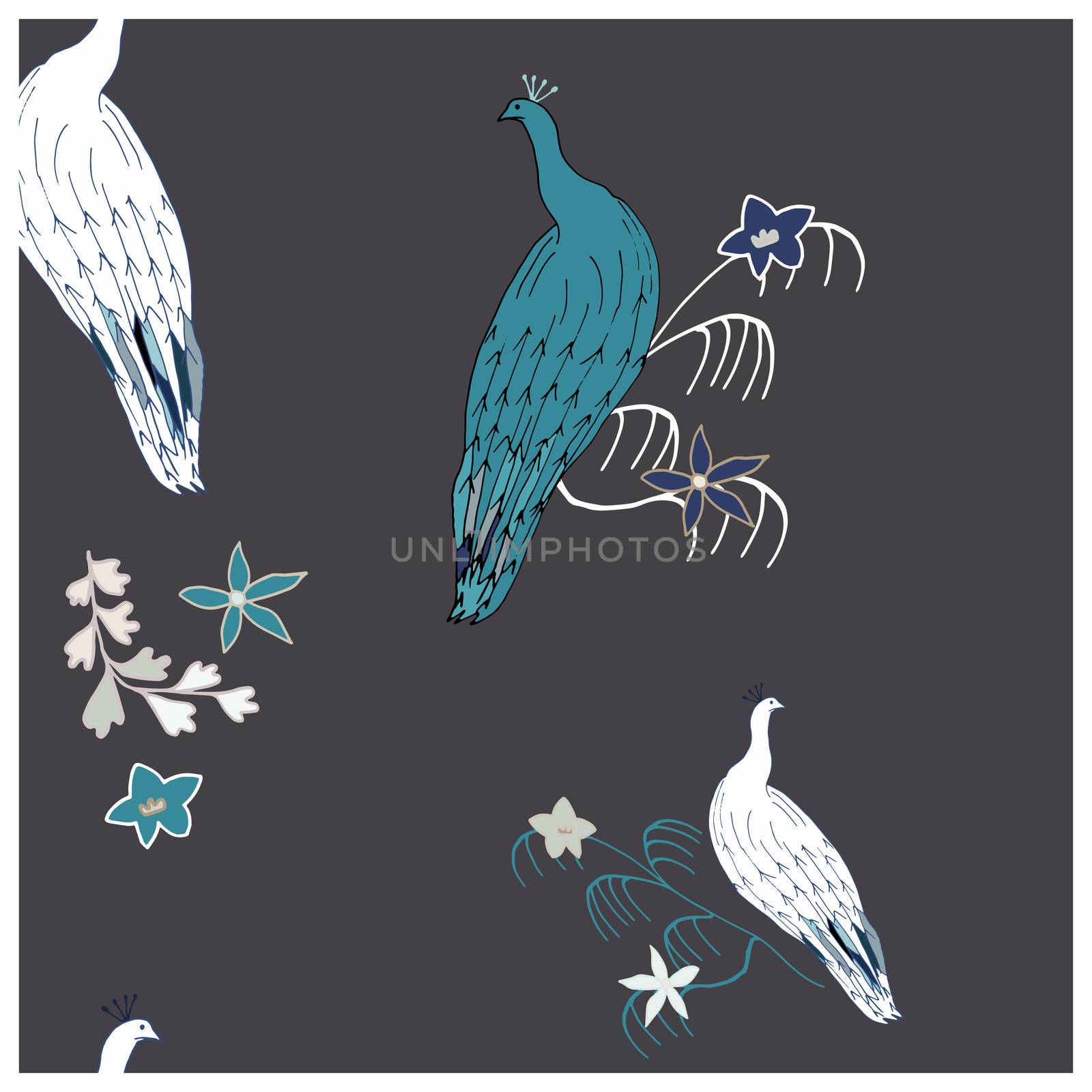 Peacock cute hand drawn seamless vector pattern with doodle style flowers. Sketch textile, wrapping paper, background, wallpaper, pattern fills, web page background.