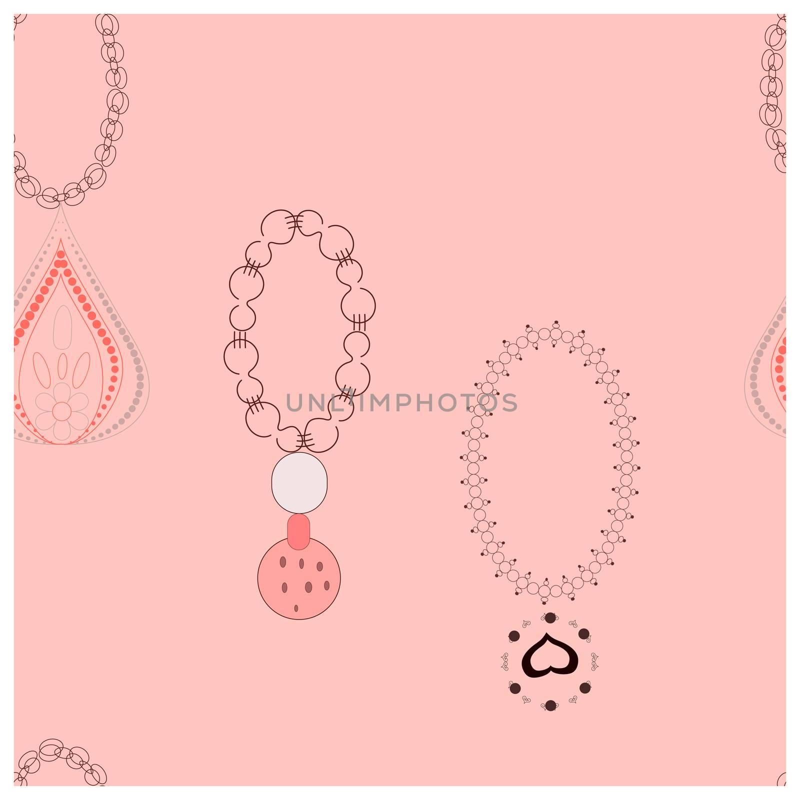 Trendy bracelets with pendants seamless pattern. Ponk background. Accessories sketch clipart. Jewels textile, background, web, wrapping paper.