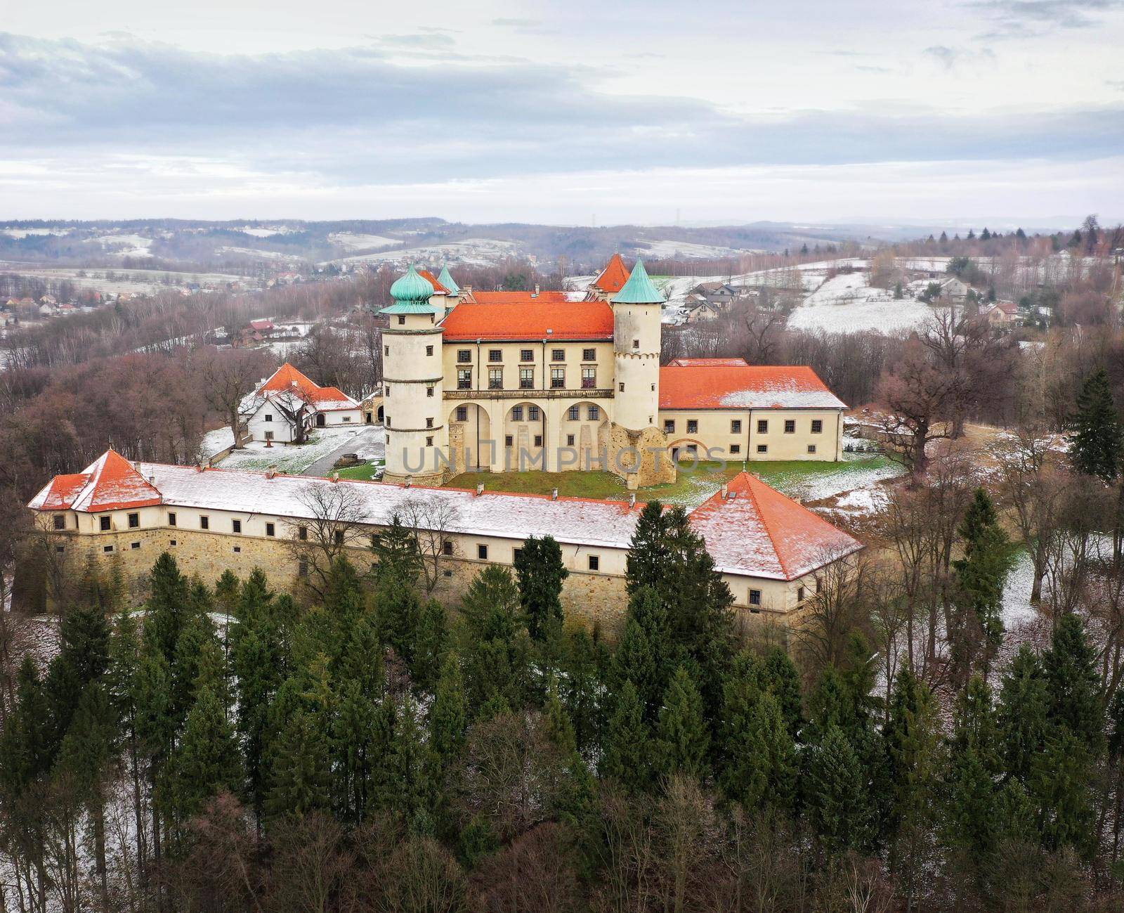 Aerial view of the castle in Nowy Wisnicz in winter, Poland