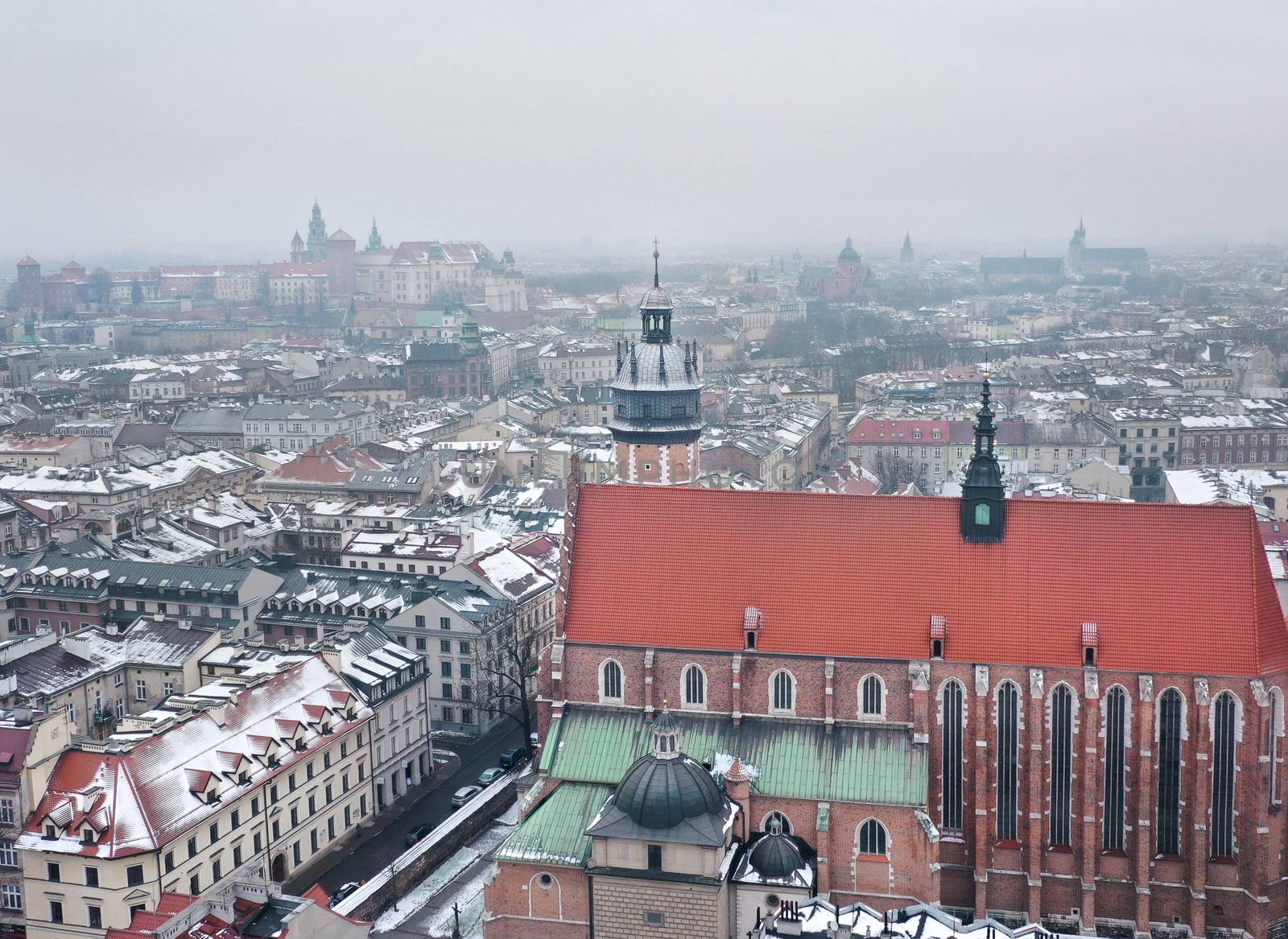 Aerial view of the historical center of Krakow, church, Wawel Royal Castle. Old town in winter