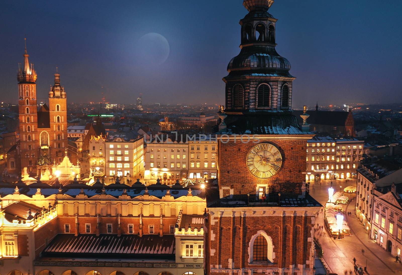 Aerial view of the Market Square in Krakow, Poland at night. Christmas cityscape