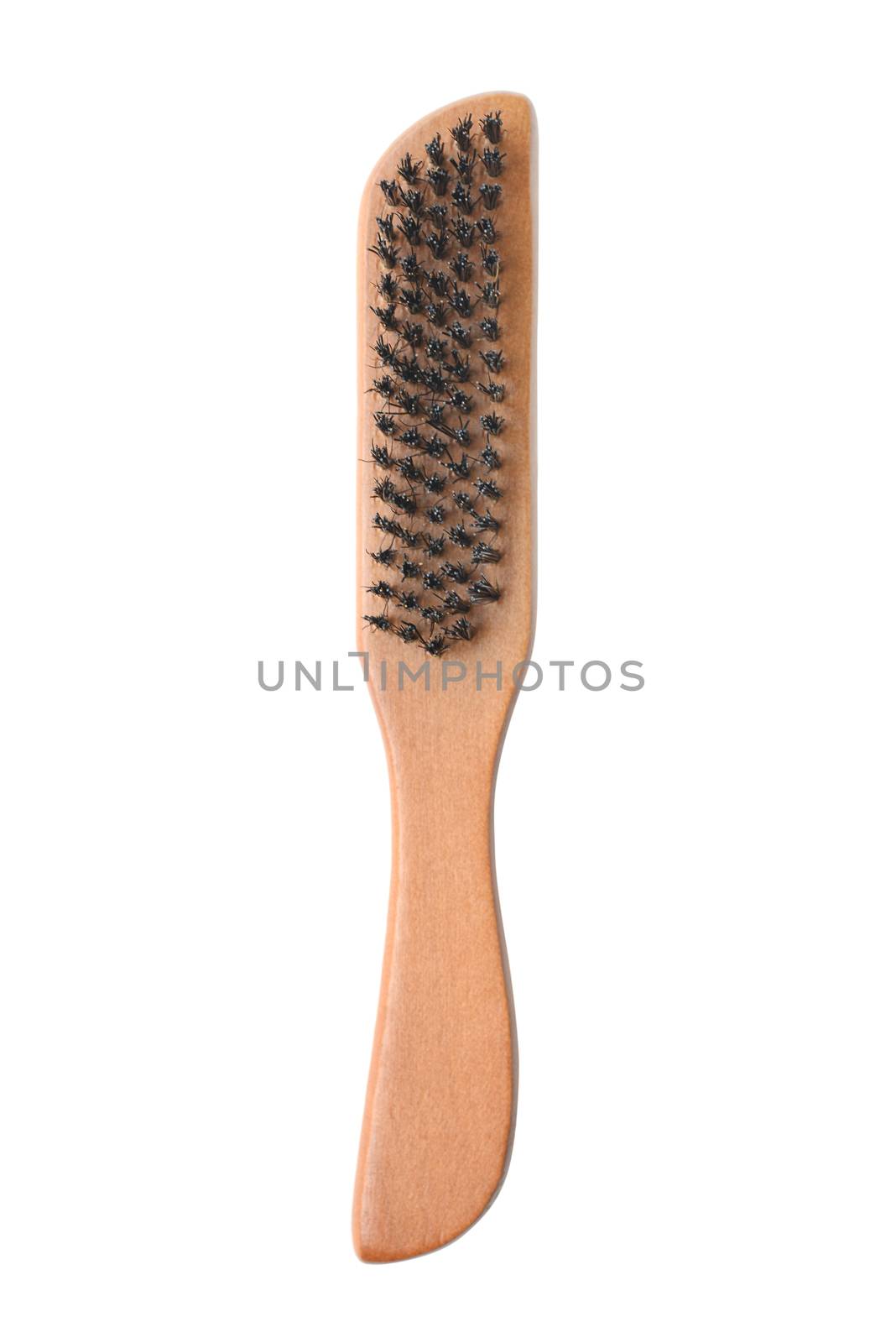 Hair beauty salon equipment comb brush with natural bristles, flat lay isolated on white background.