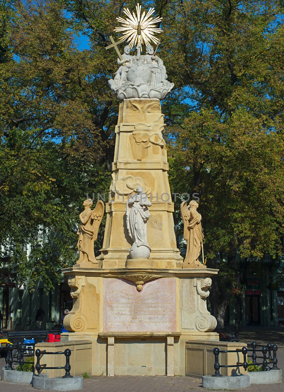 Monument with various decorated statuettes in central square of Subotica, Serbia by sheriffkule