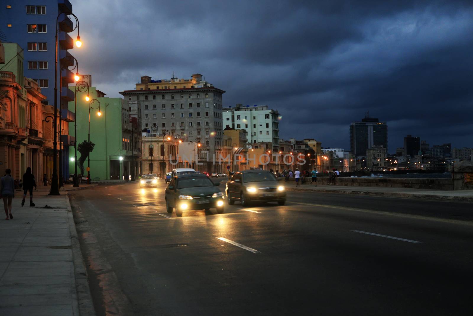 Havana, Cuba - January 10, 2019 : Traffic at Malecon, Havana, Cuba. January 10, 2019