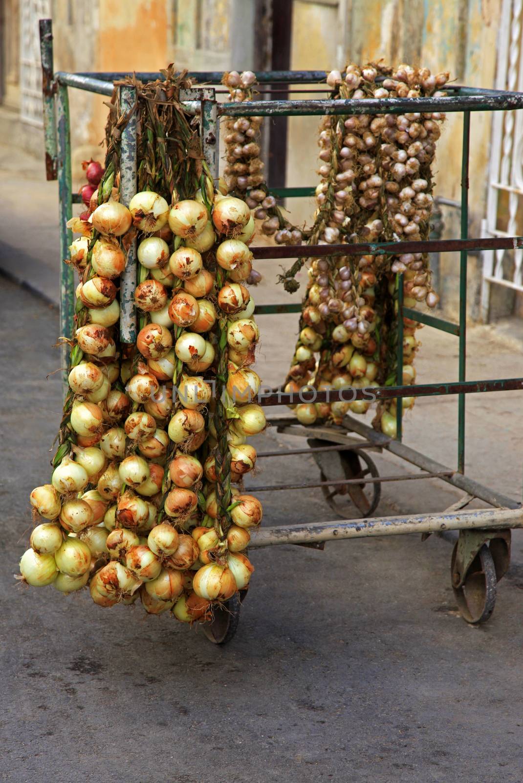 Selling onions on the street in Old Havana, Cuba
