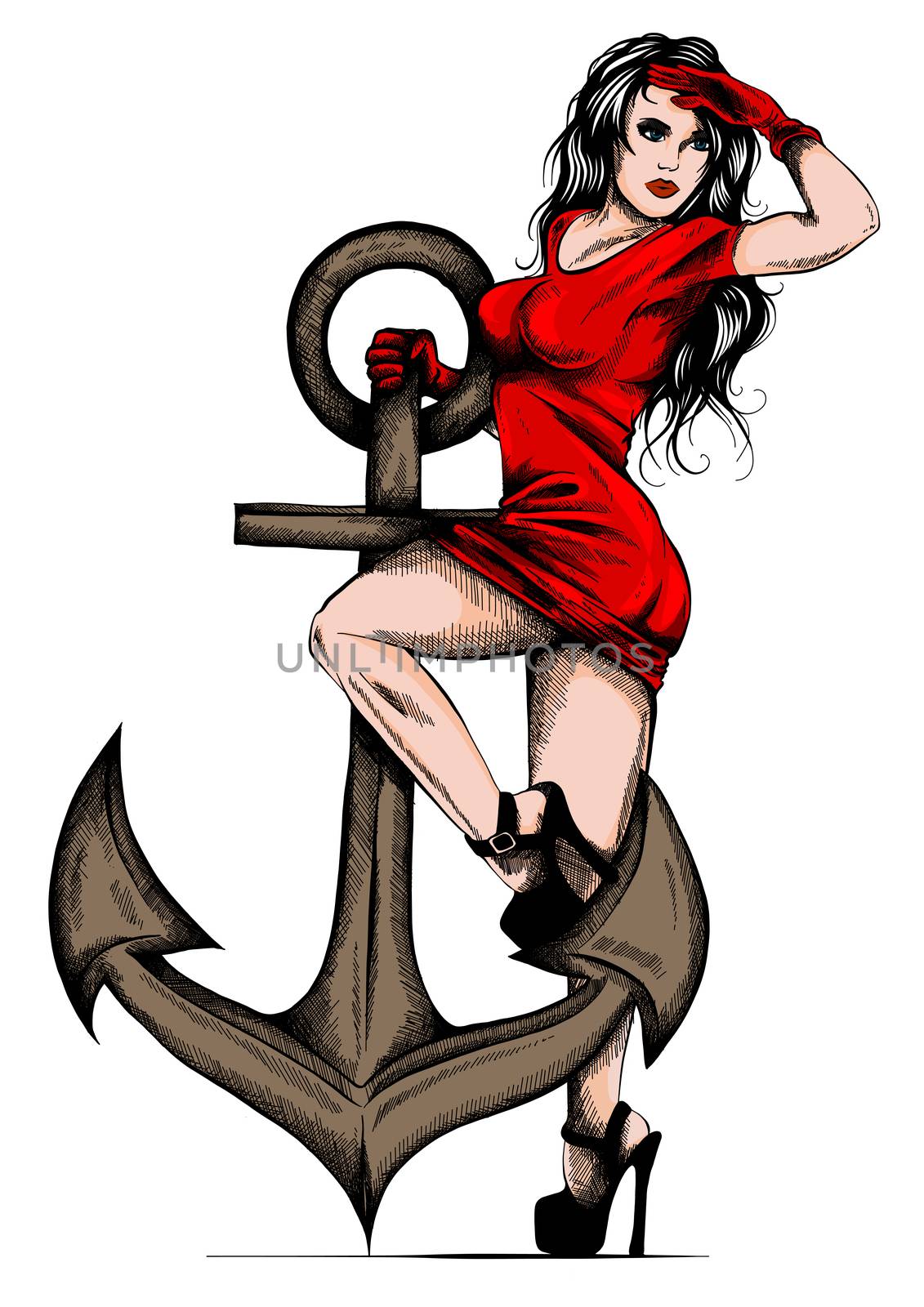pin up girl who is held in an anchor by dean