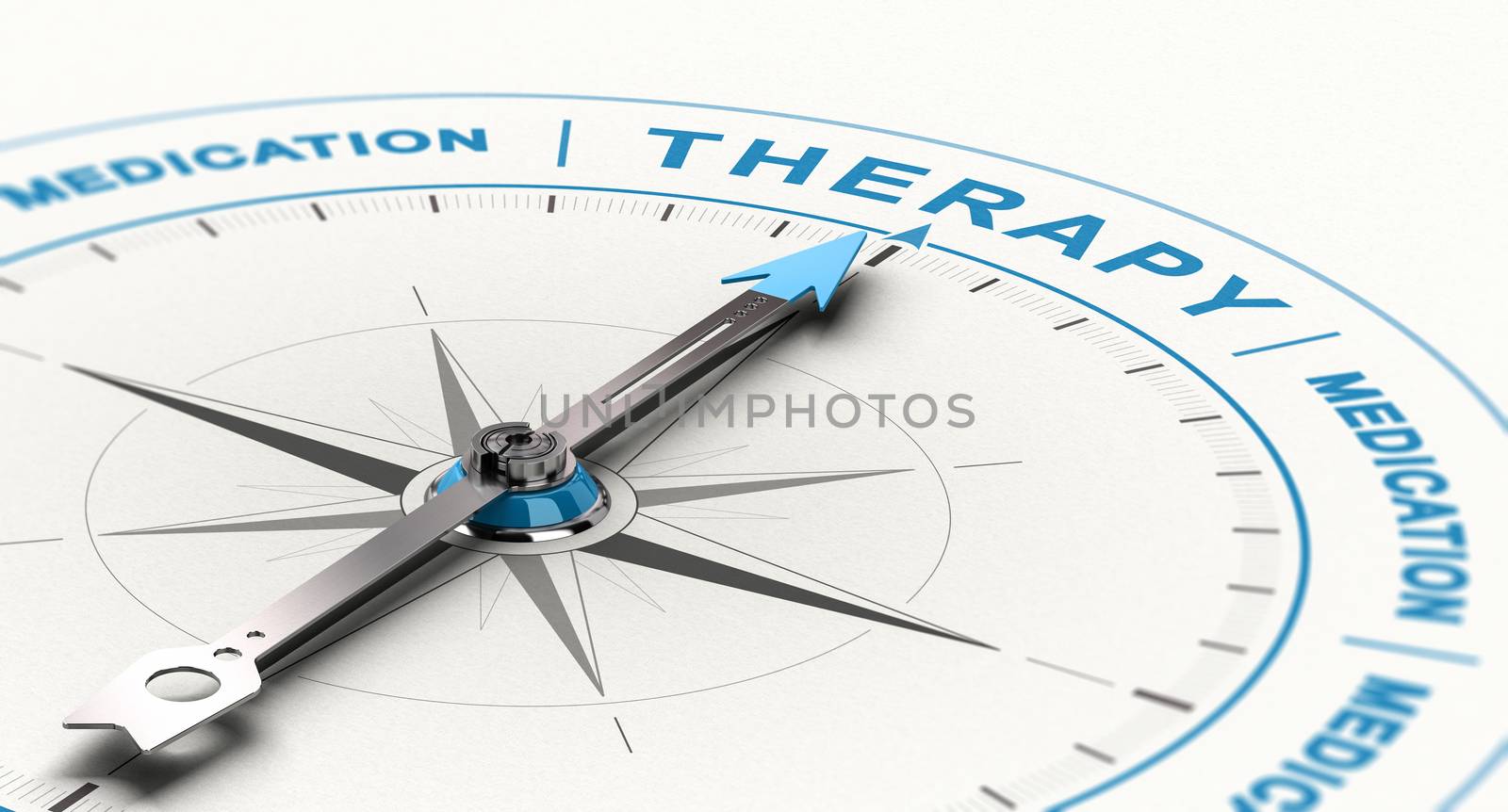 3D illustration of conceptual compass with needle pointing the word therapy instead of medication. Concept of complementary treatment for depression. 