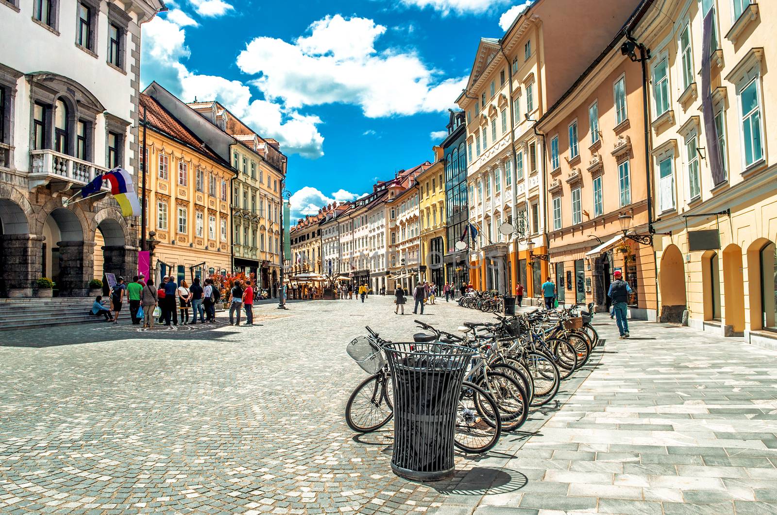 colorful street Ljubljana summer Lubiana buildings clean urban area care