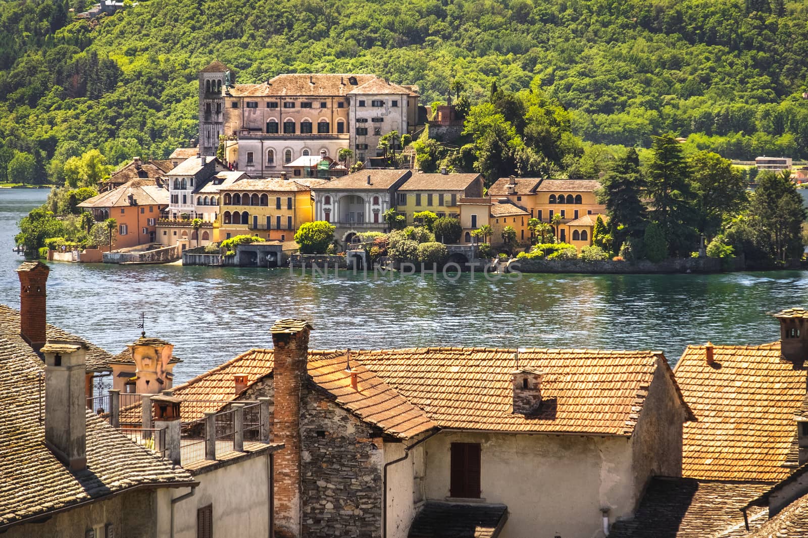 Italy lake painting like, San Giulio island on Orta lake Novara province Piedmont region