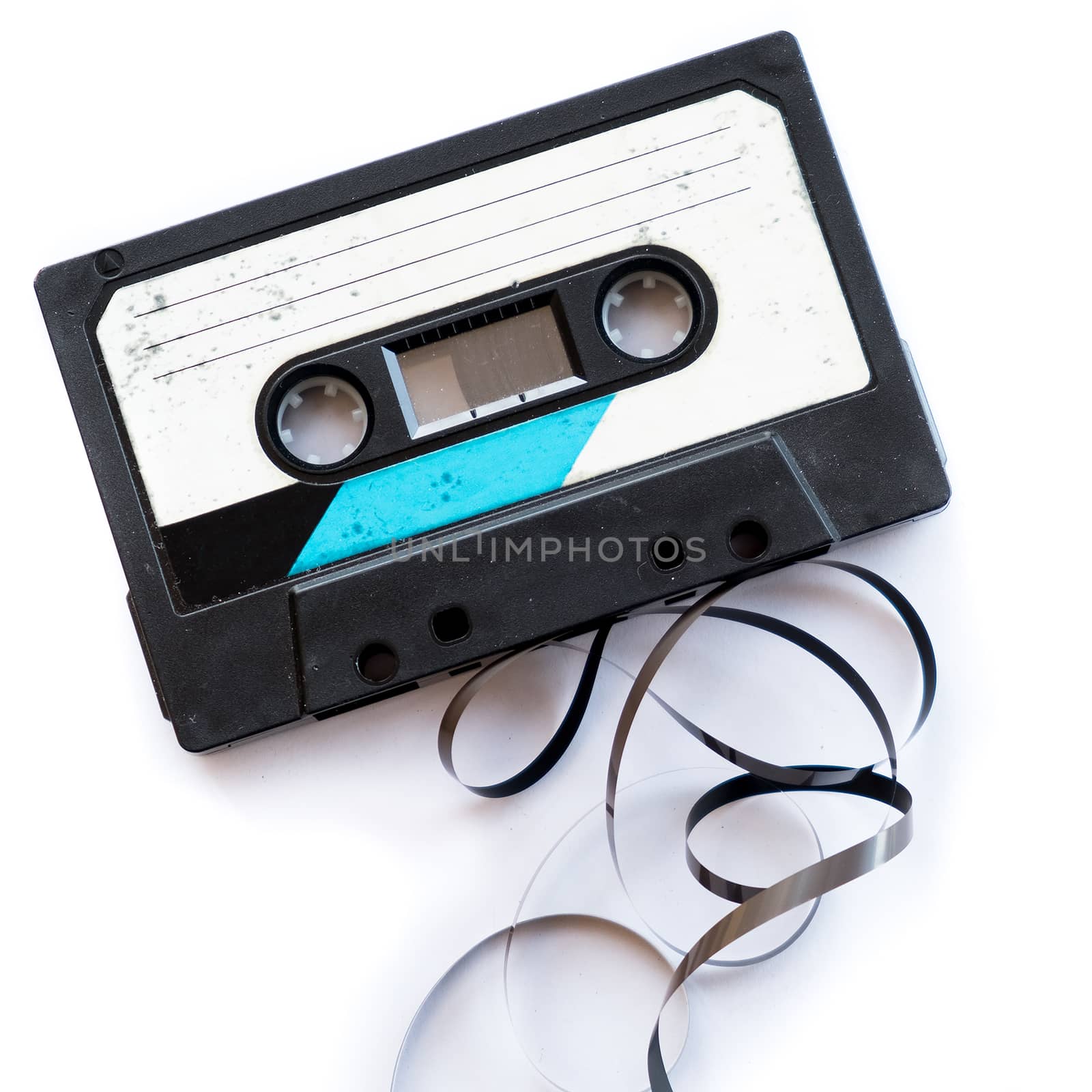 audio tape blank label rolled out isolated white playlist
