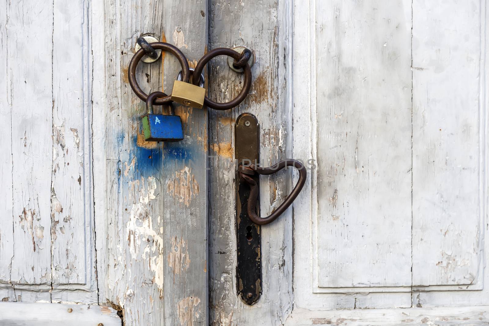 locked wooden door, front view