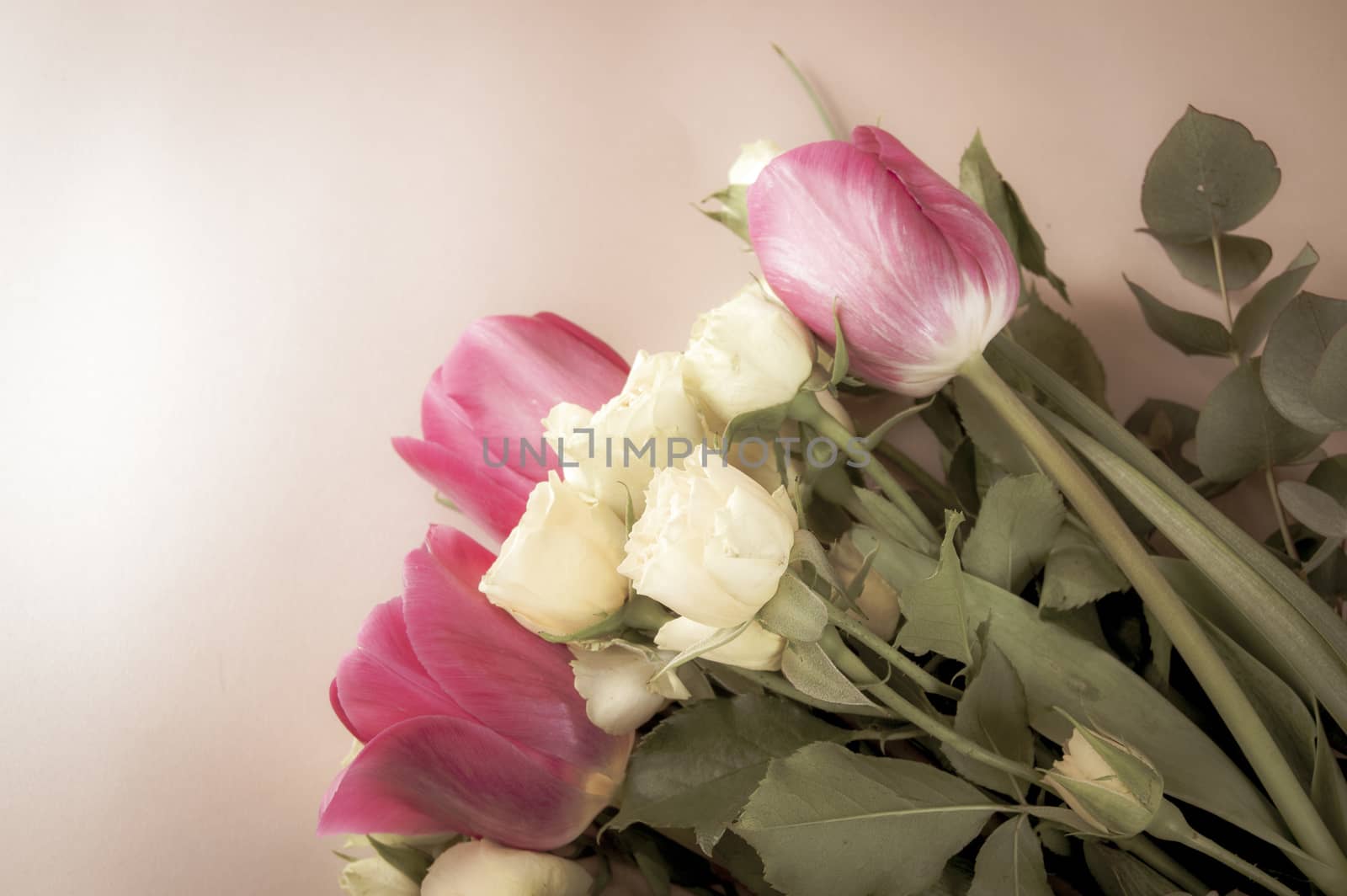 Beautiful bouquet of tulips and bushy little yellow rose on pink background, flat lay with copy space, effect of old photo with tinting.
